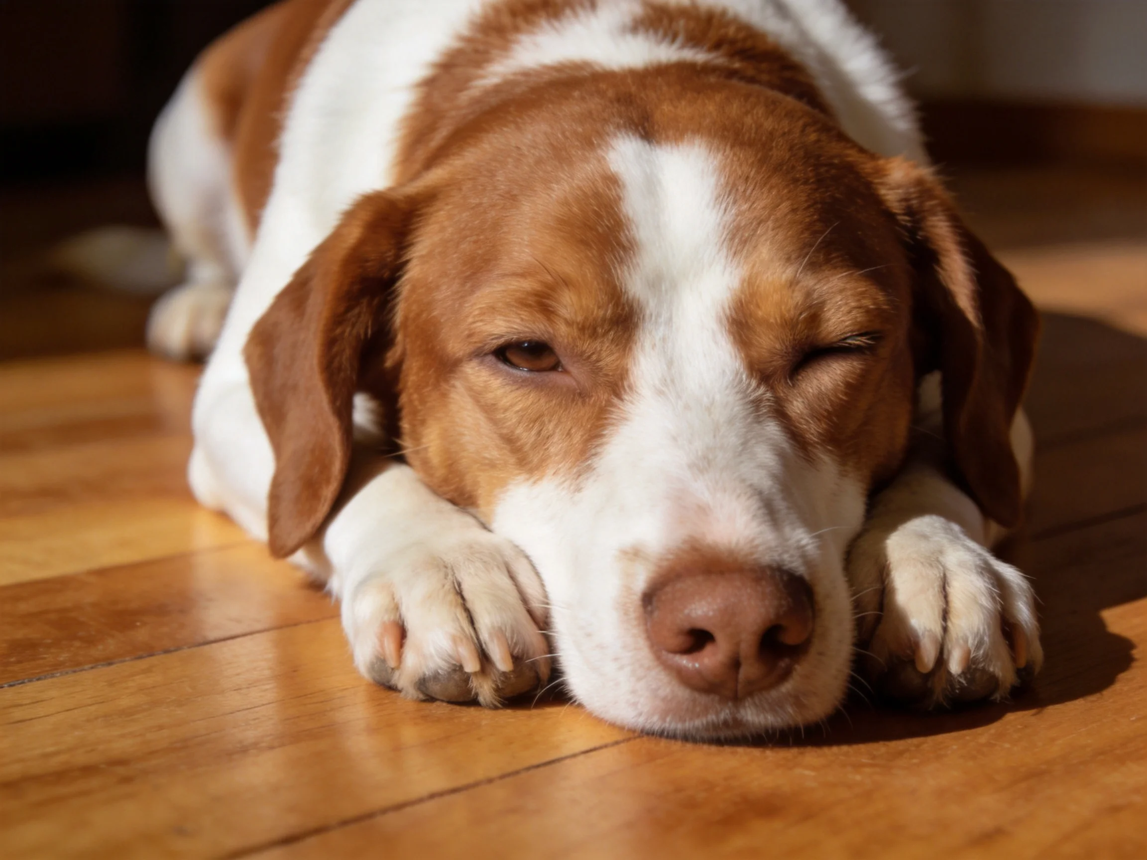 A brown and white dog relaxes comfortably on a wooden floor.