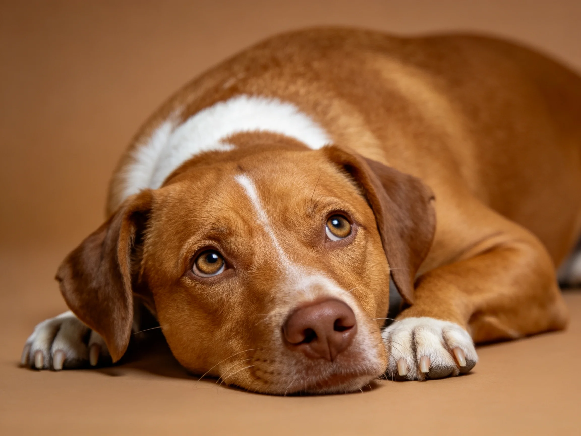 A brown and white dog rests on a smooth tan surface