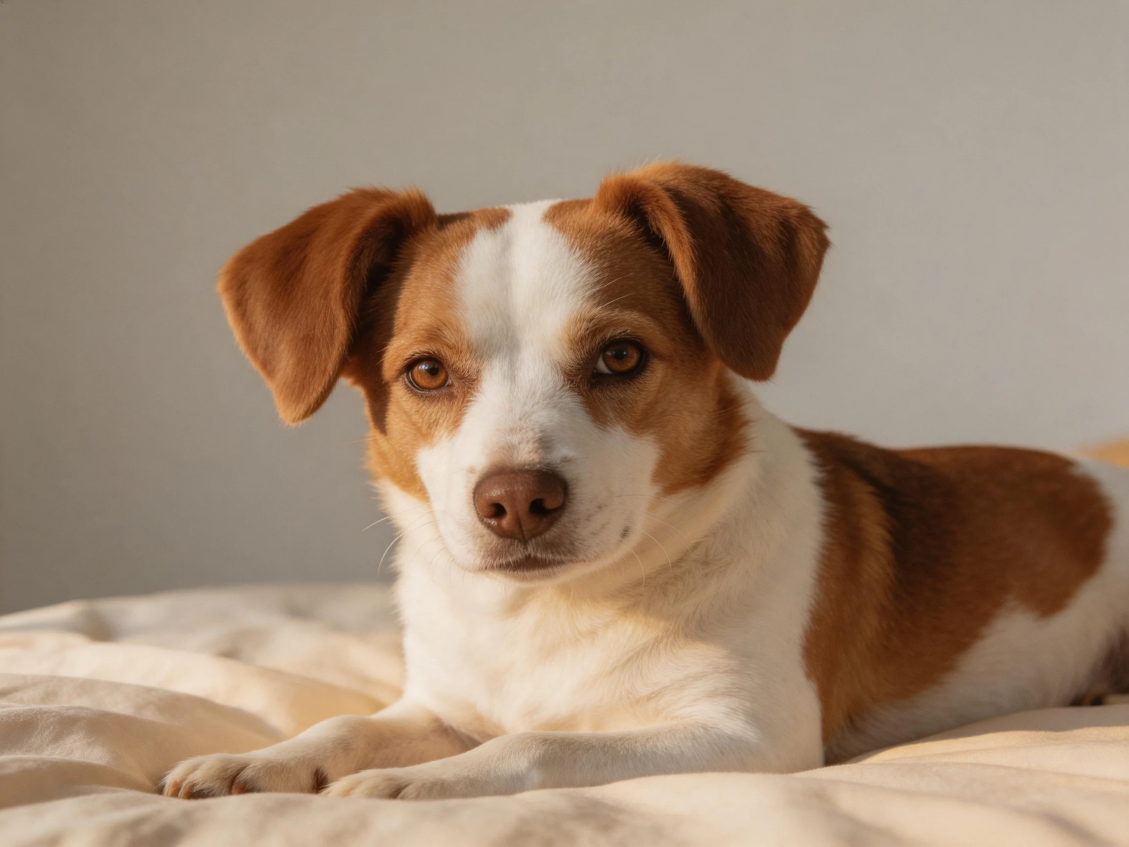 A brown and white dog lies peacefully on a soft bed in a warmly lit area.