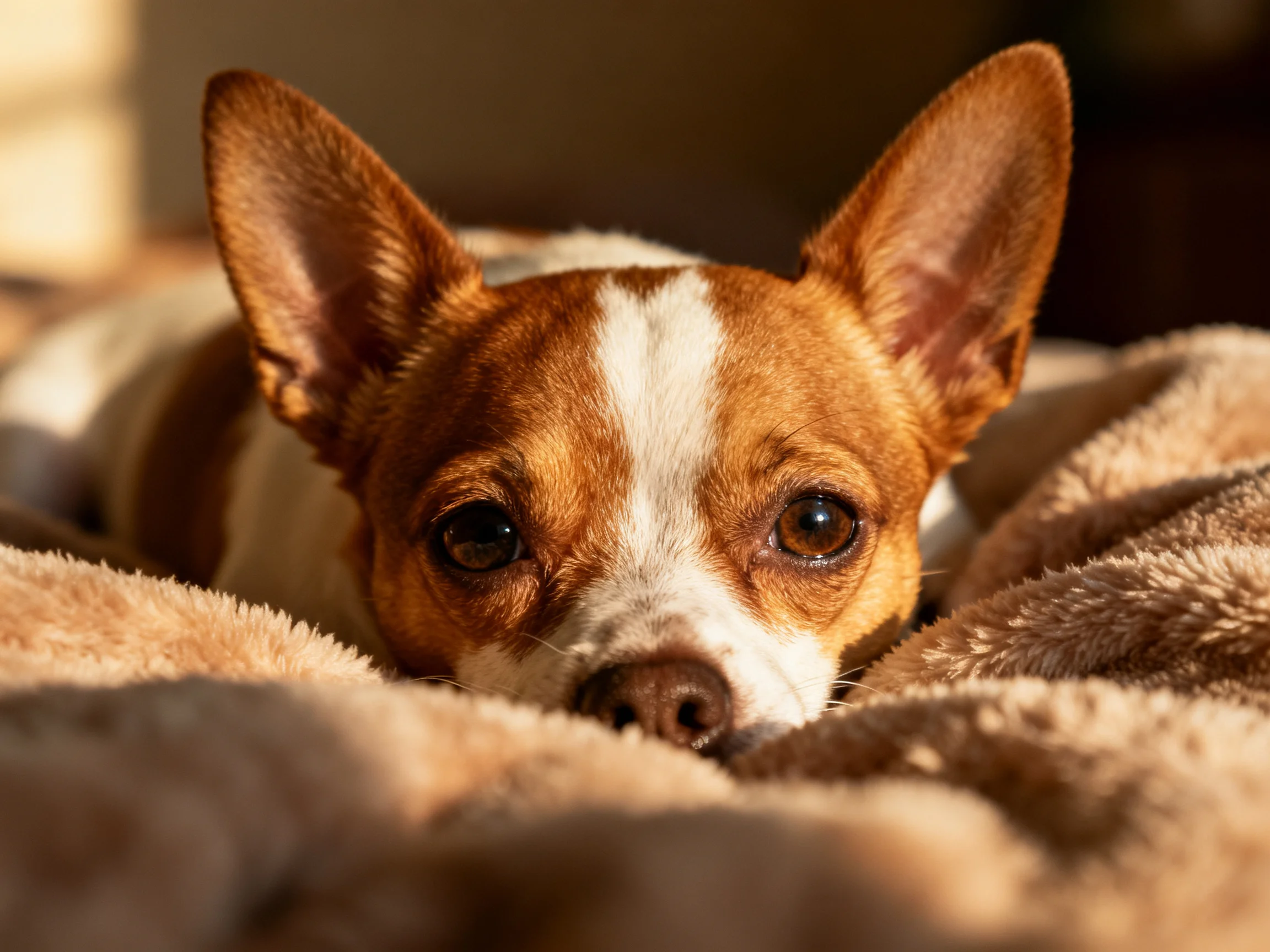 A small brown and white dog rests on a plush blanket in a sunlit area.