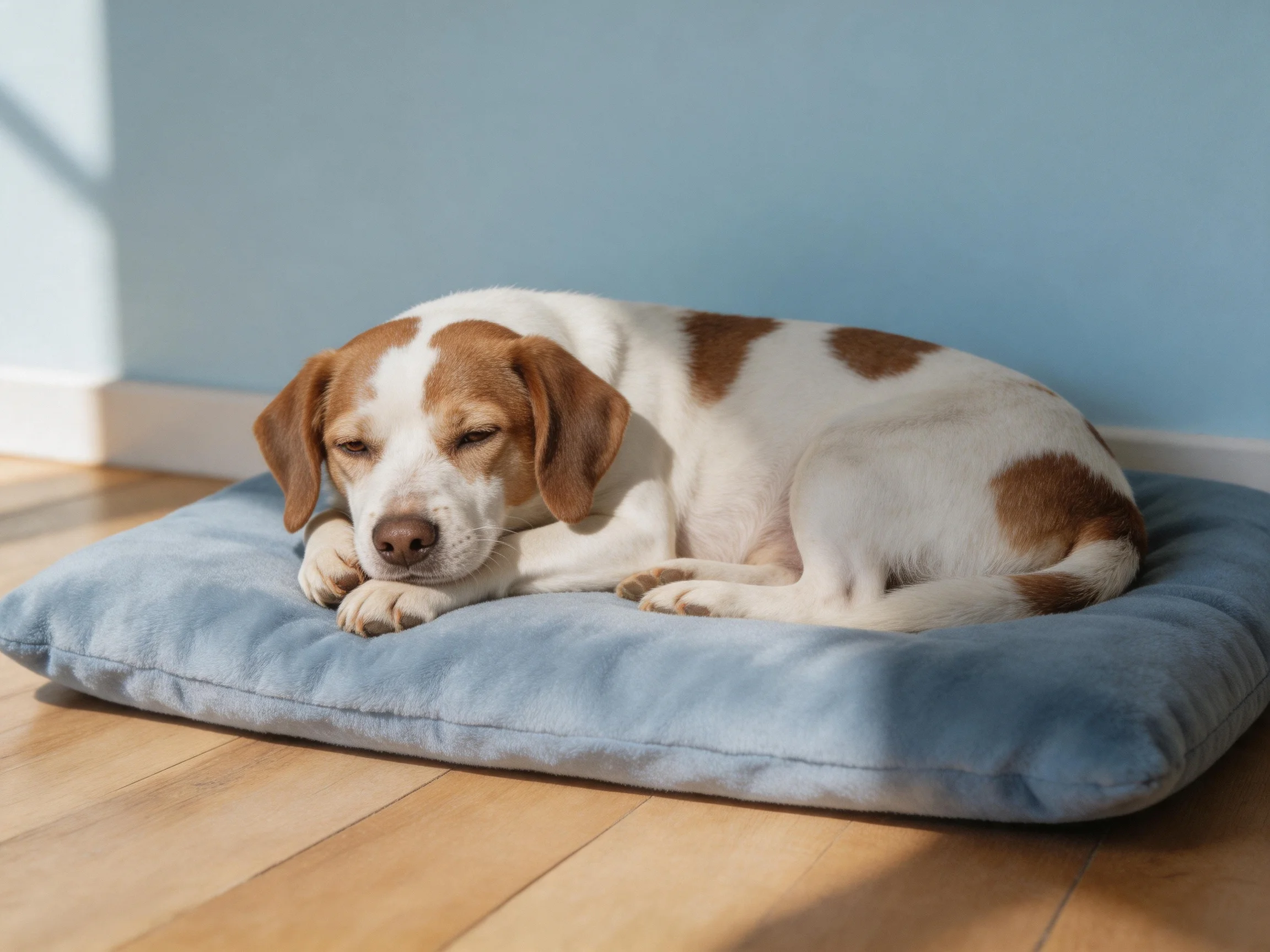 A brown-and-white dog relaxes on a blue cushion in a sunlit room.