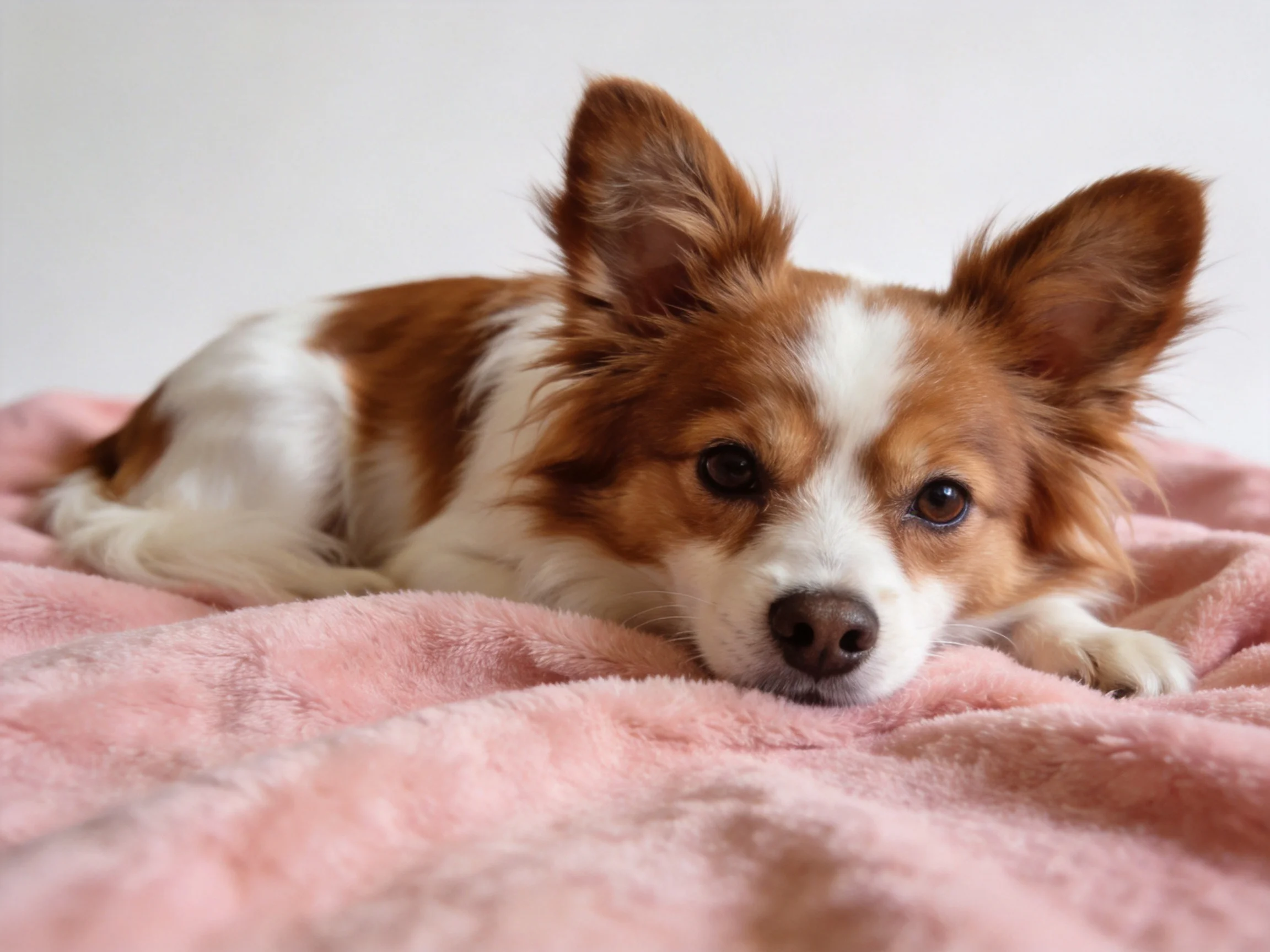 A brown and white dog relaxes on a pink blanket indoors