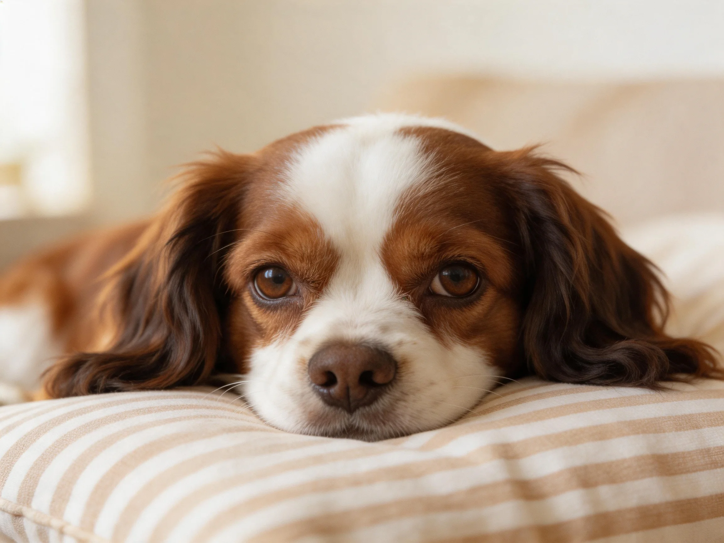 A brown and white dog rests on a striped cushion in warm lighting