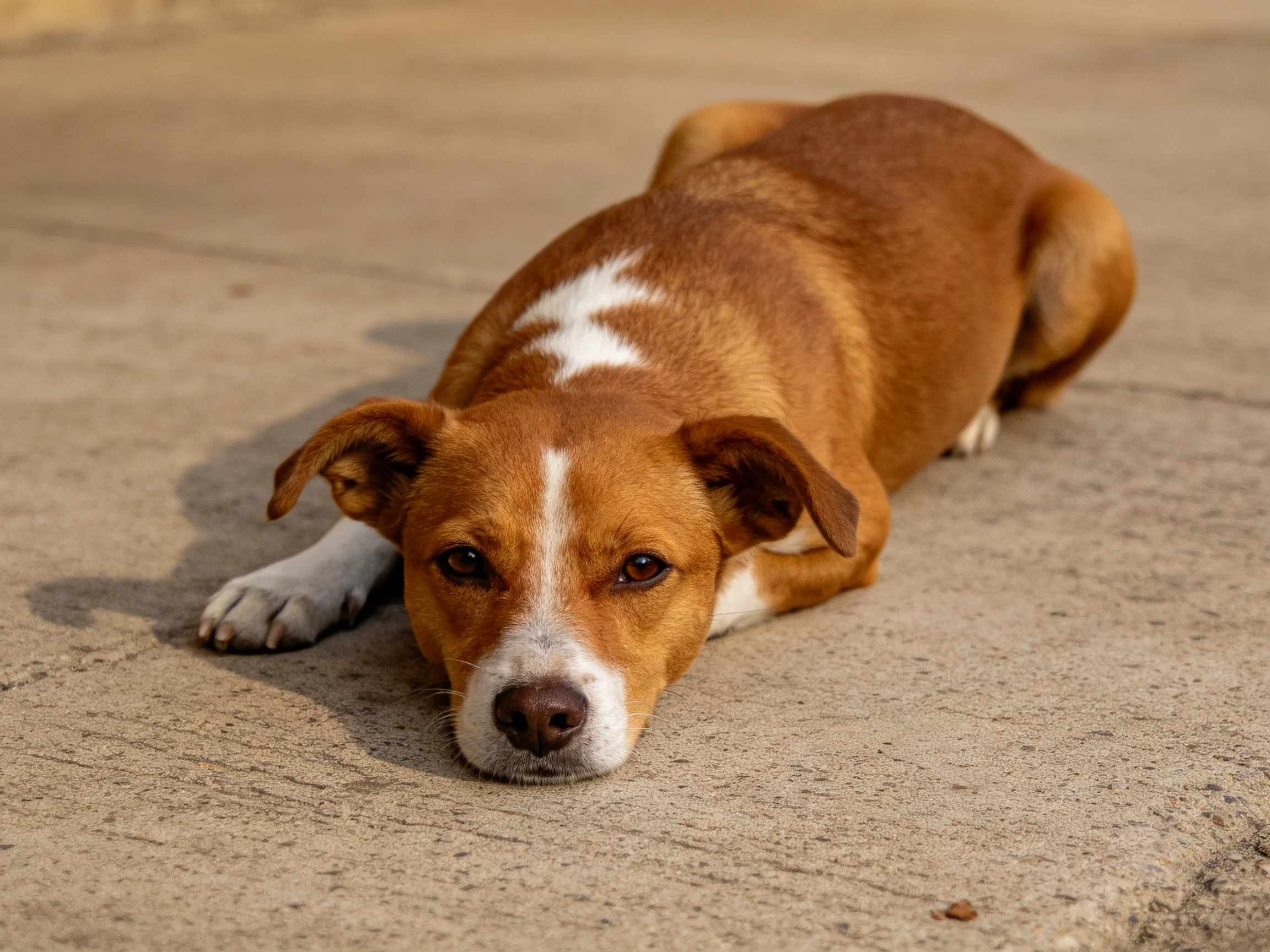 A brown and white dog relaxes on a concrete surface