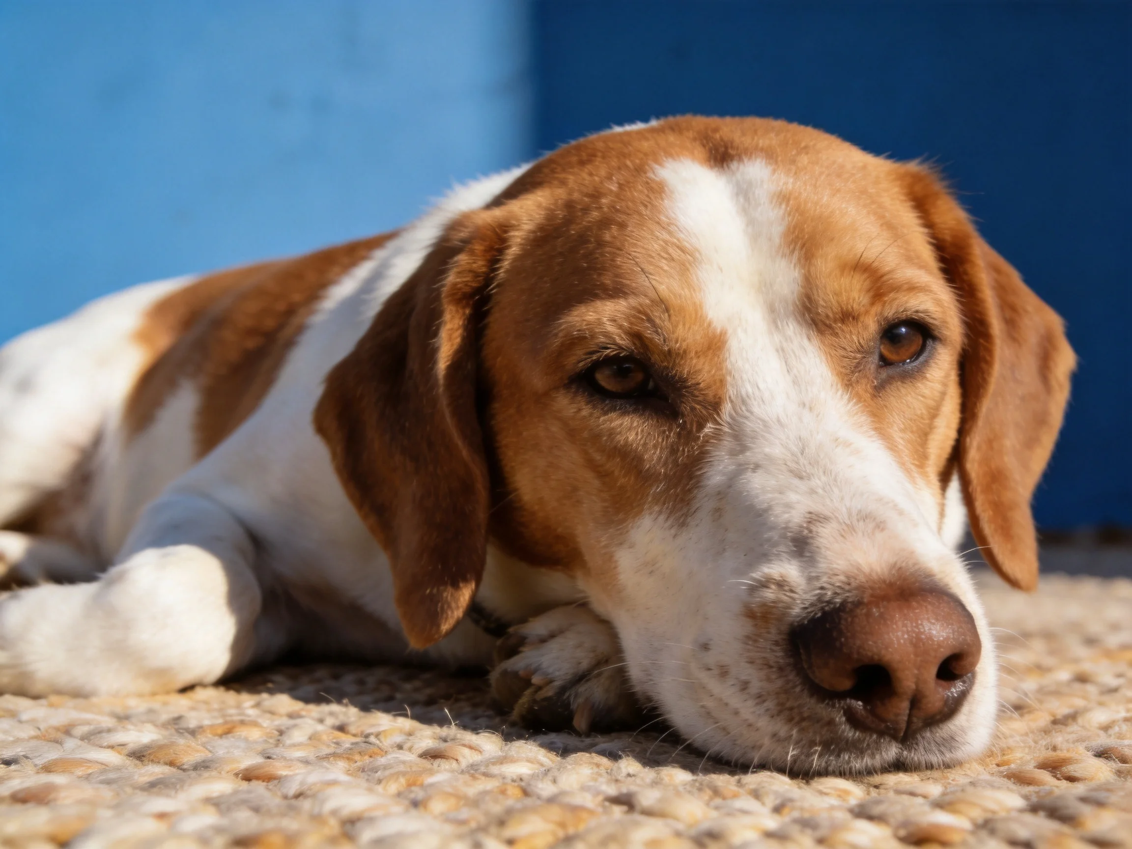 A brown and white dog relaxes on a rug beside blue structures.