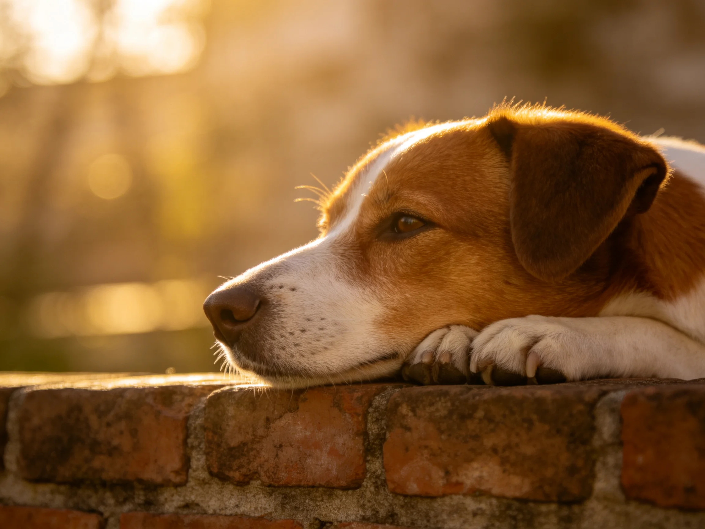 A brown and white dog rests on a weathered brick wall in golden light