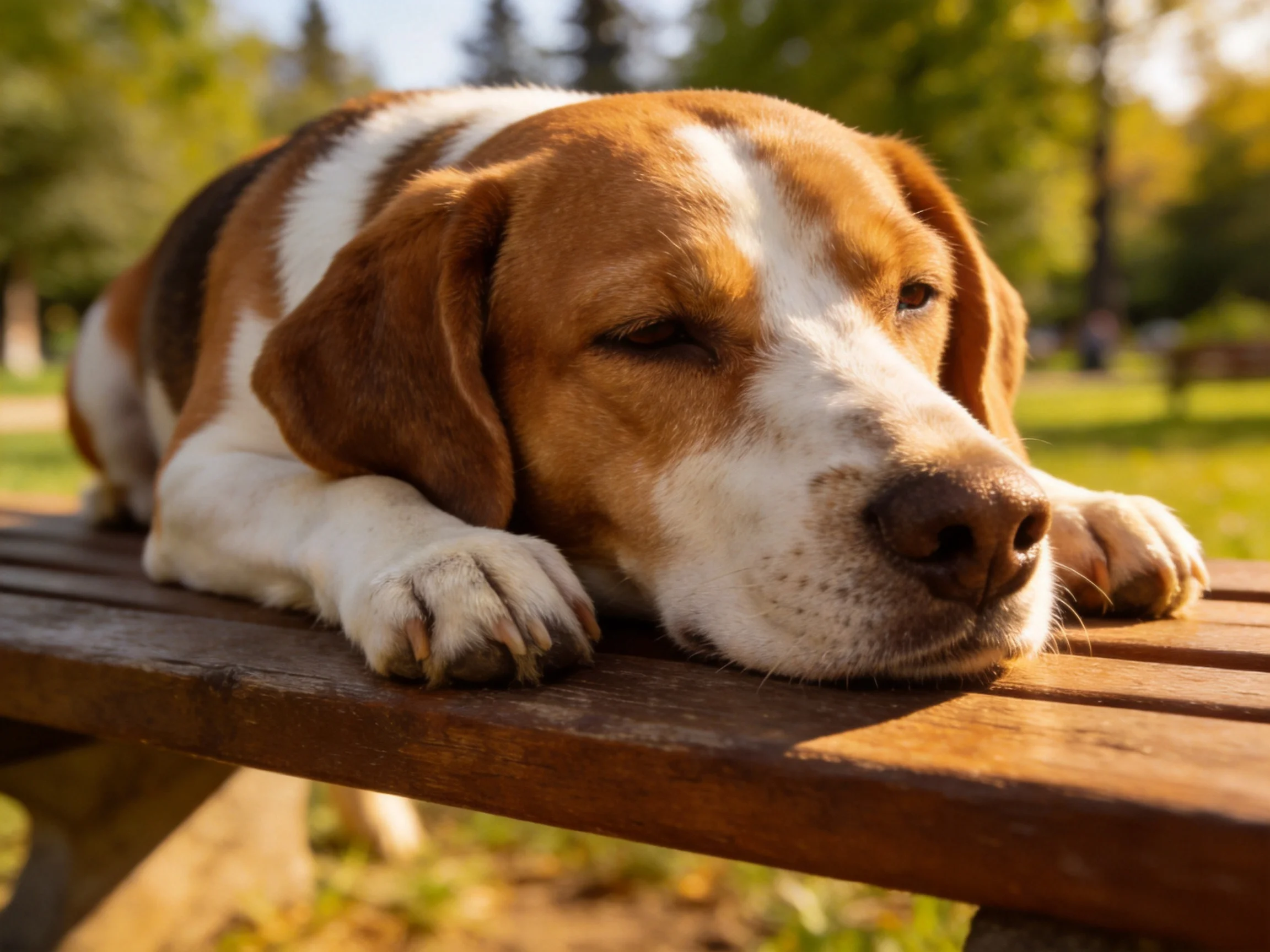 A brown and white dog relaxes on a wooden bench in a sunlit park.