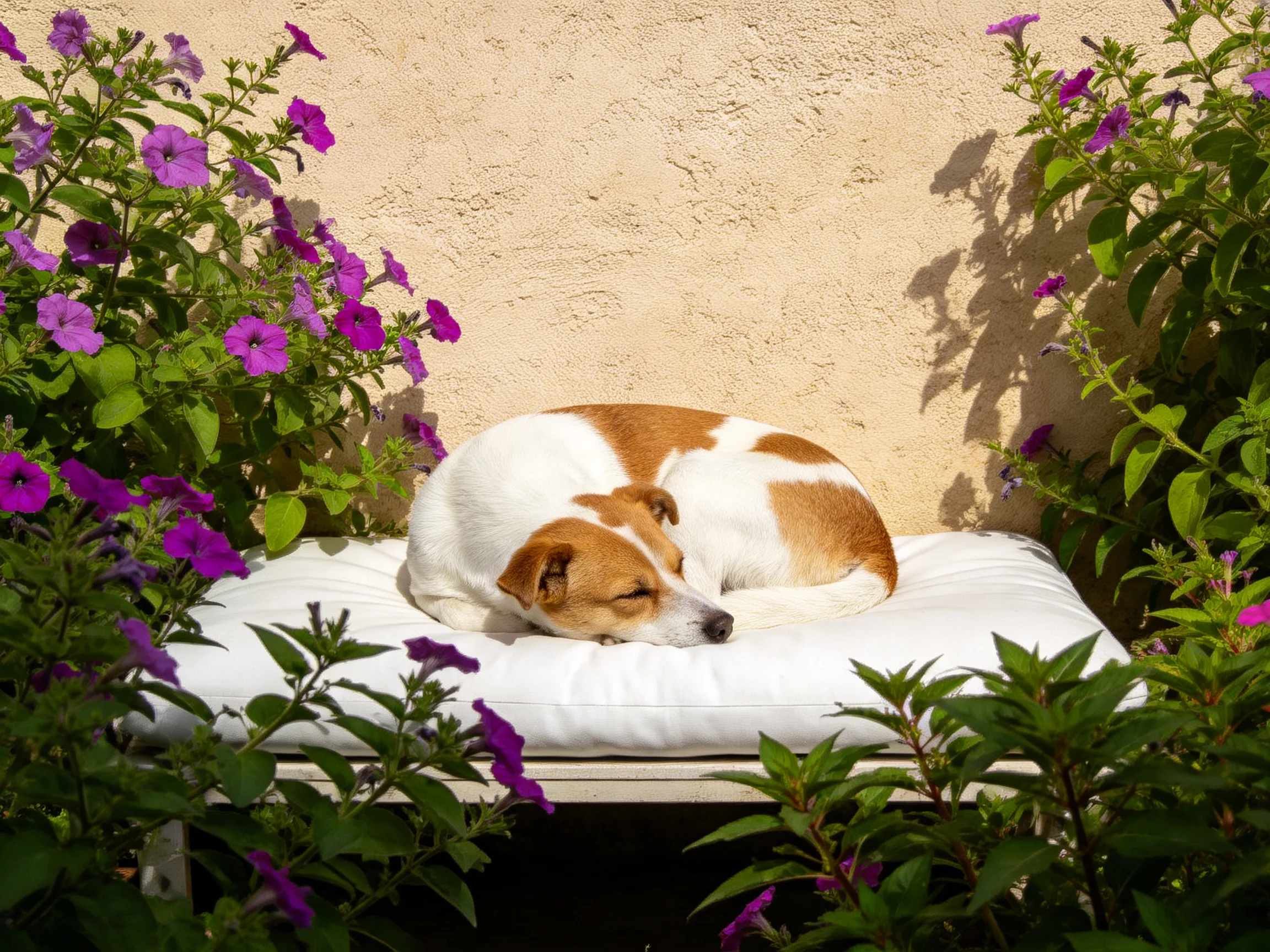 A brown-and-white dog sleeps on a white cushion in a flower-filled garden.