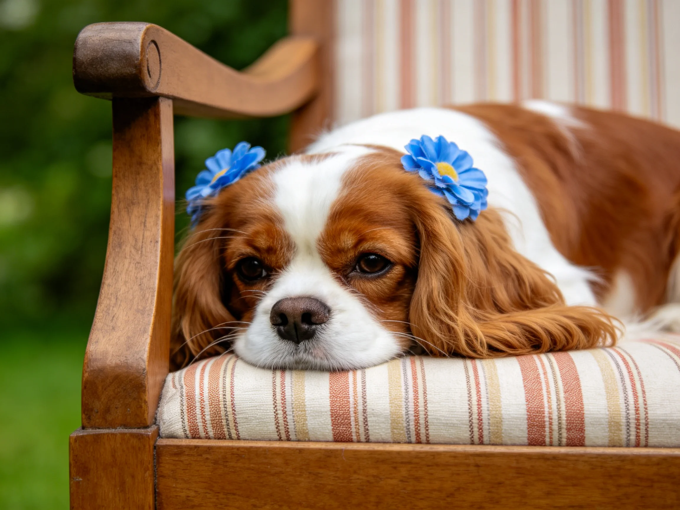 A brown and white dog rests on a wooden chair with blue flowers