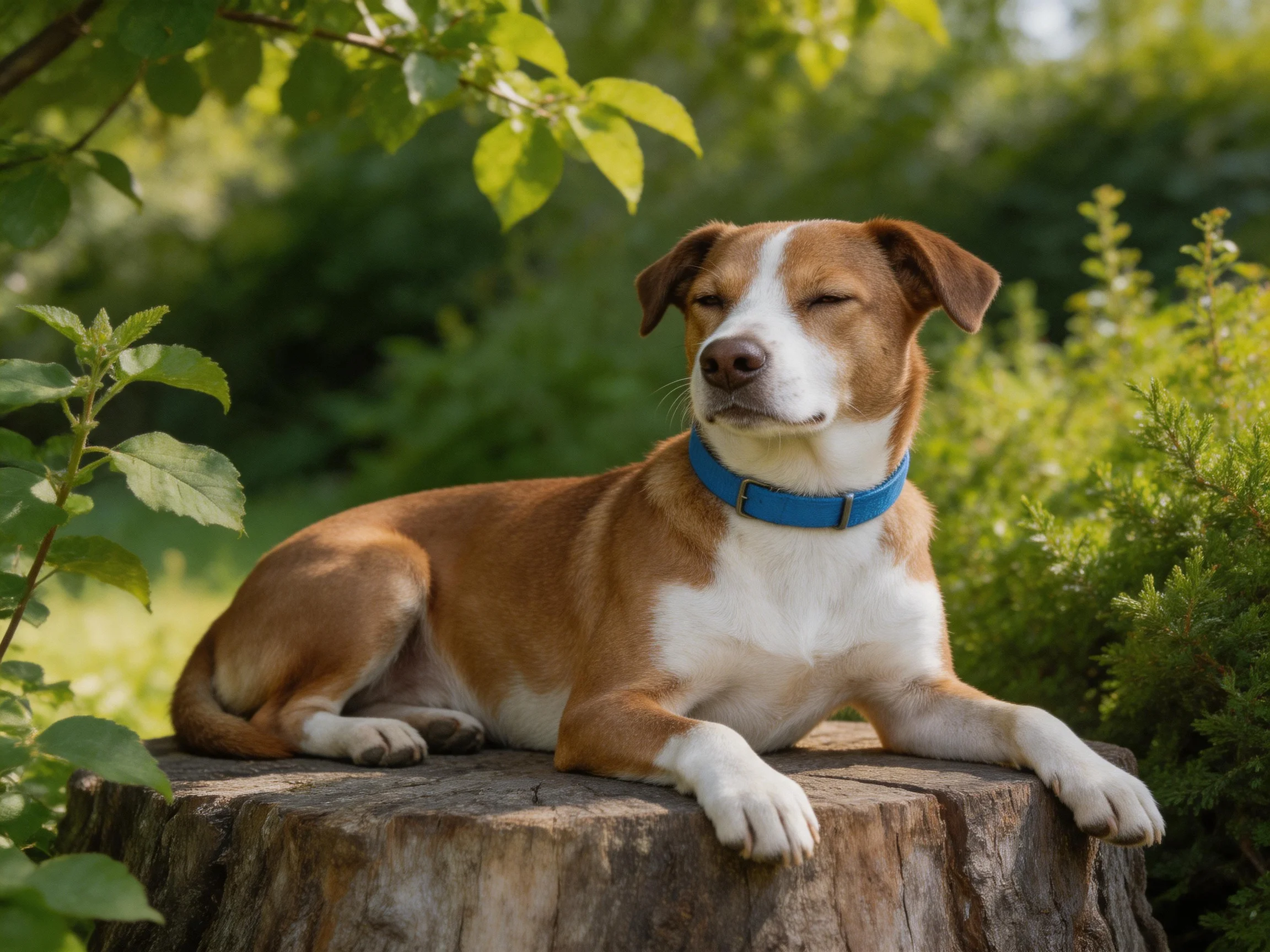 A brown and white dog rests on a wooden stump amid lush green foliage