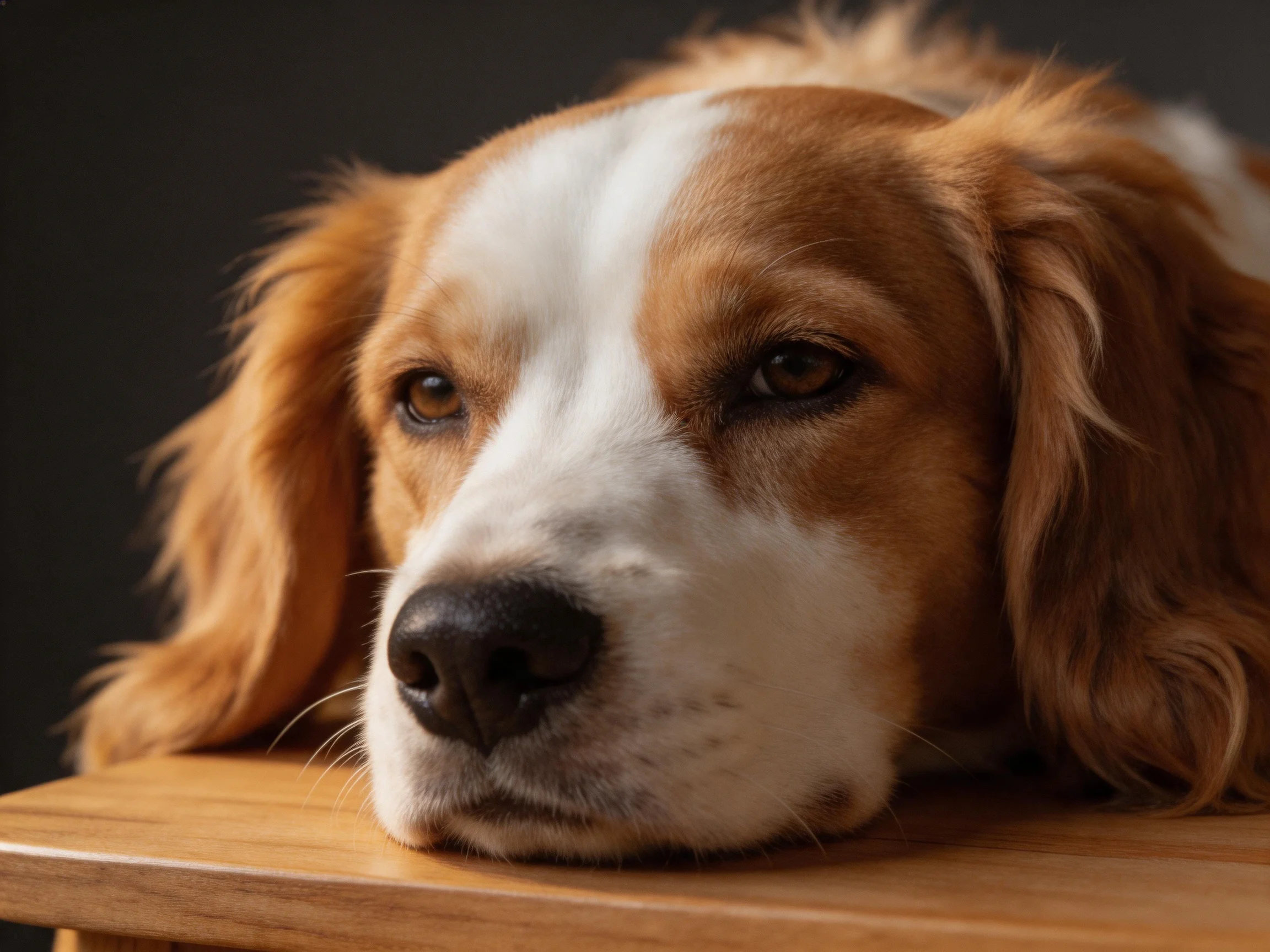 A brown and white dog rests calmly on a wooden surface.