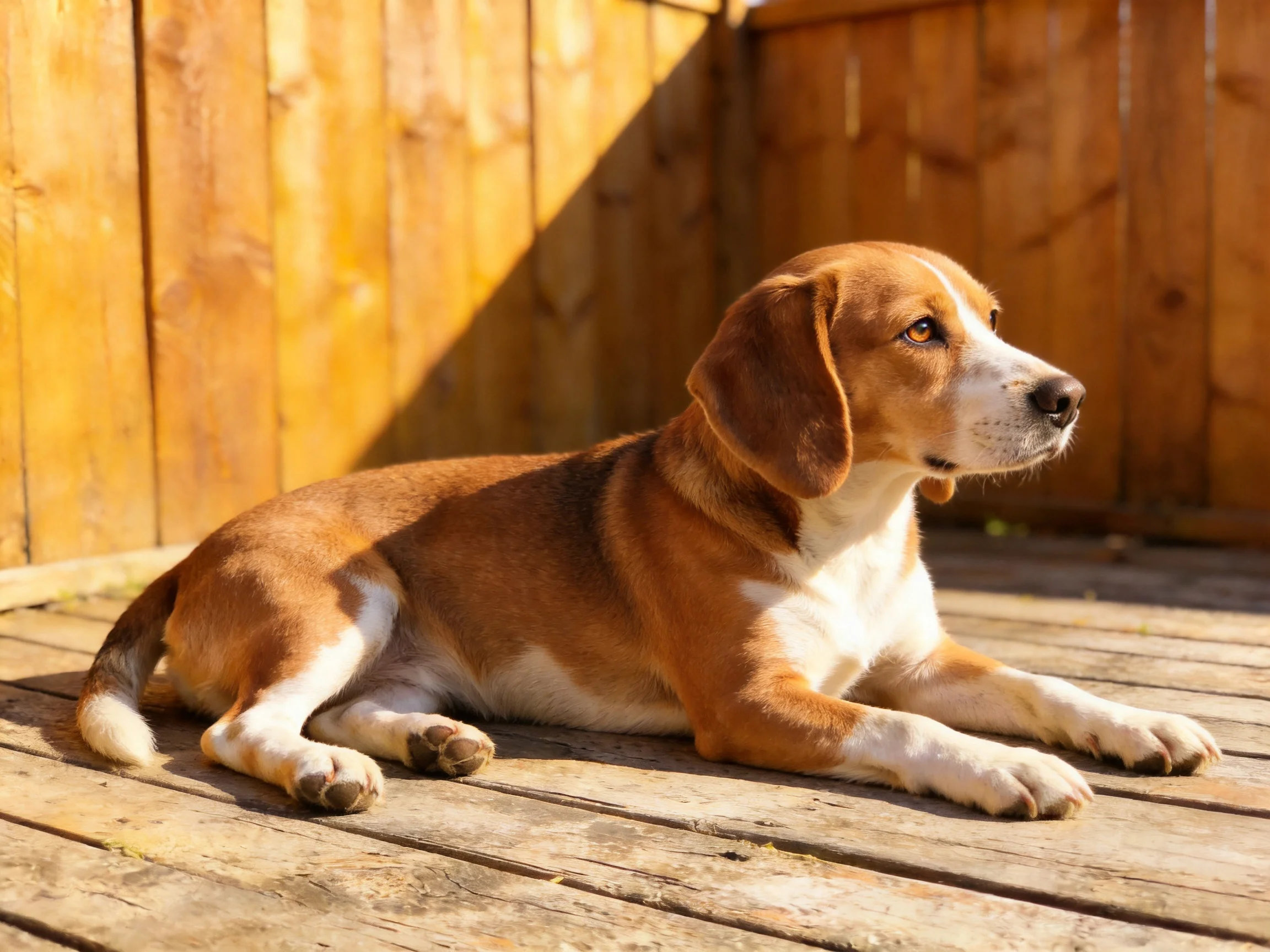 A brown and white dog relaxes on a wooden deck near a wooden fence