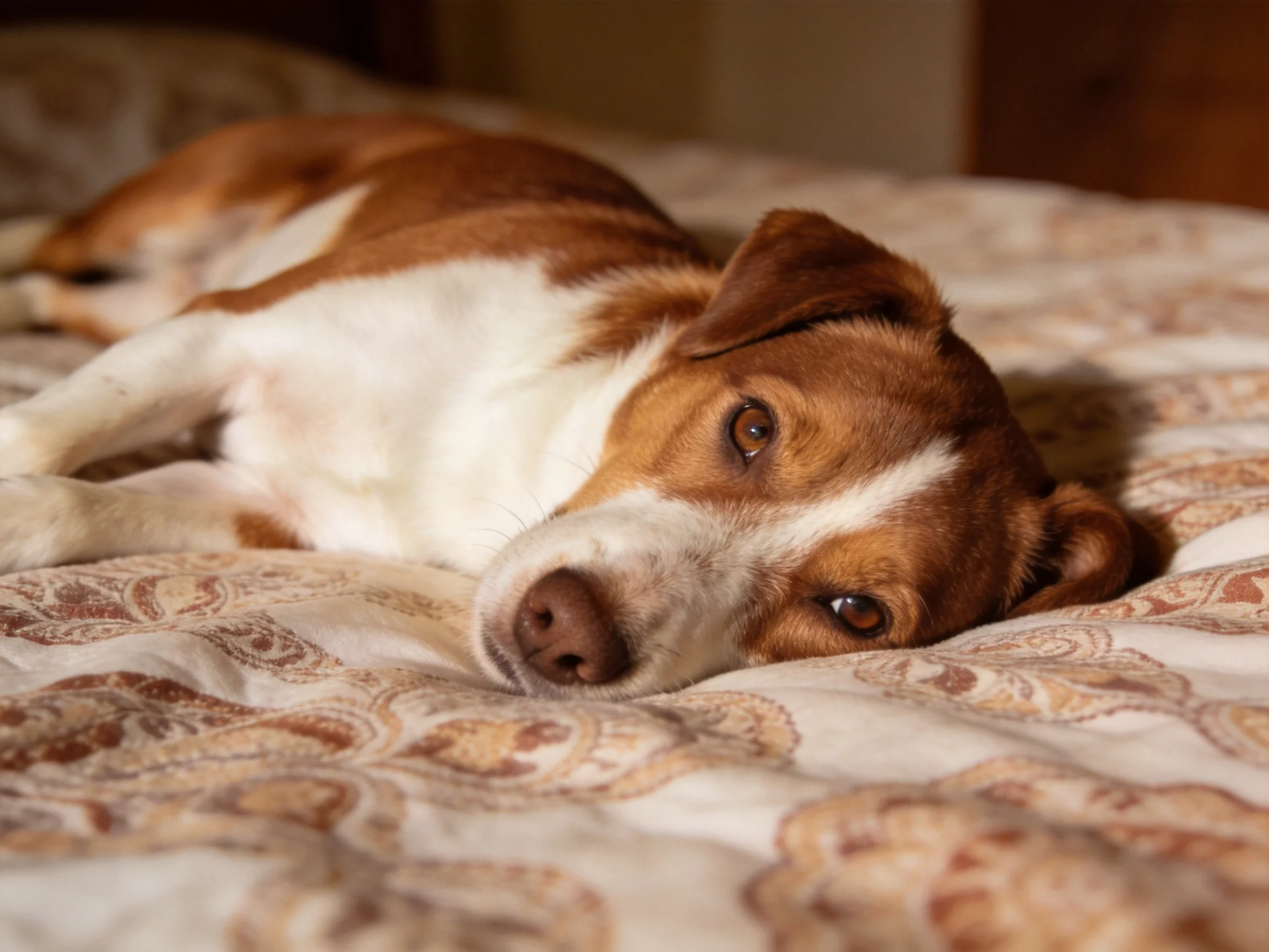 A brown and white dog rests on a patterned bedspread
