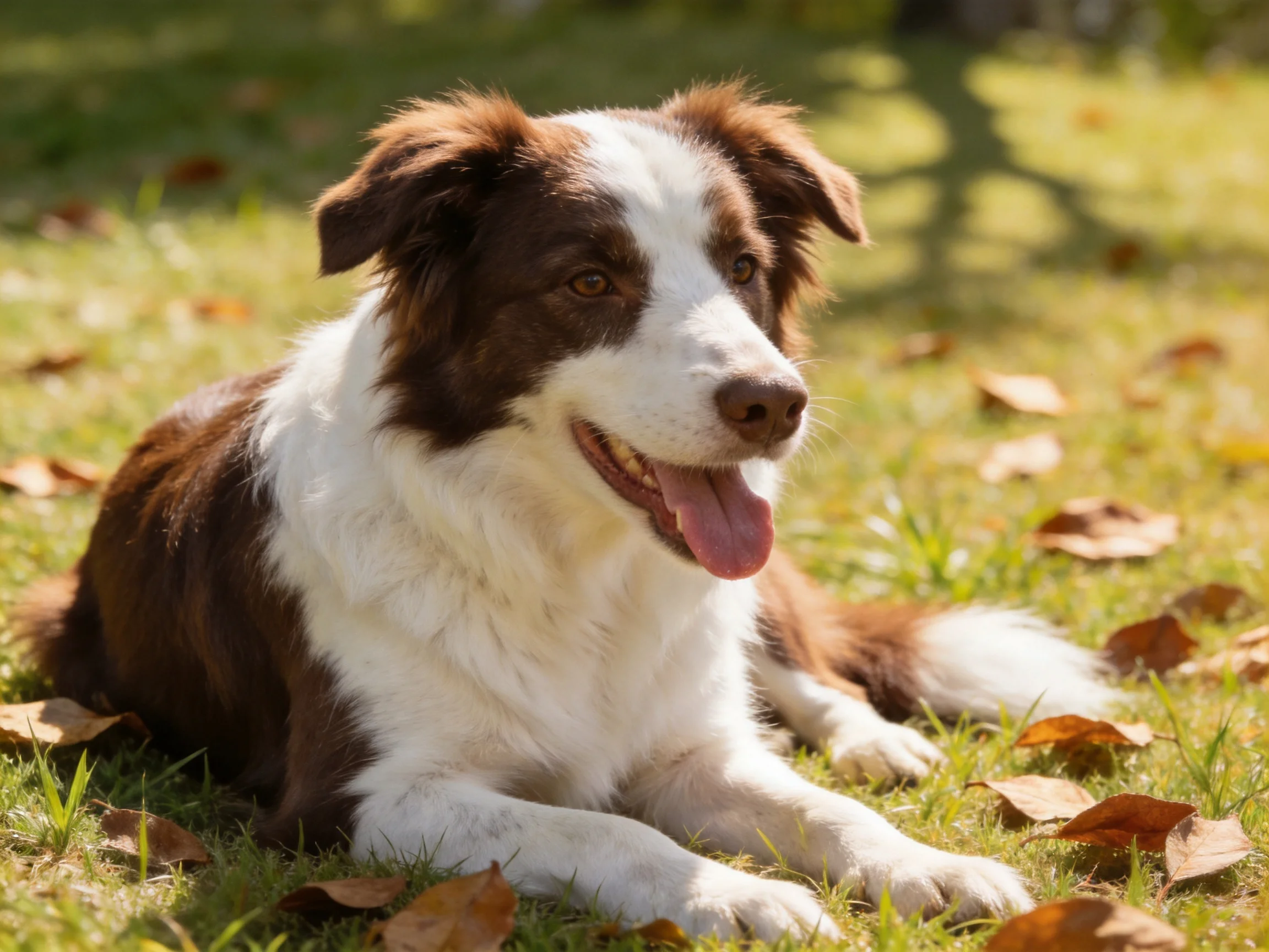 A brown and white dog rests on grass amid scattered leaves