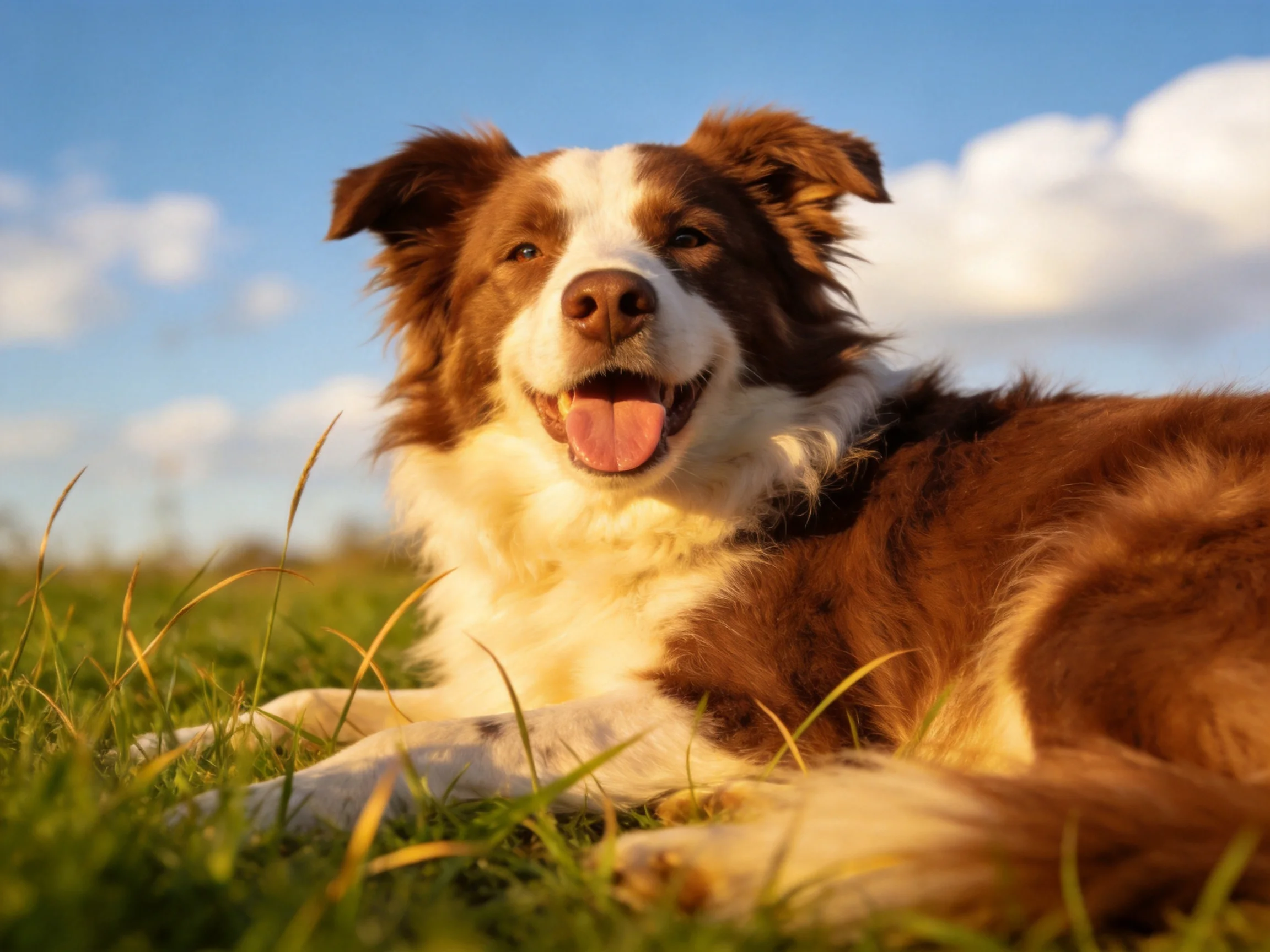 A brown and white dog relaxes on grass under a sunny sky
