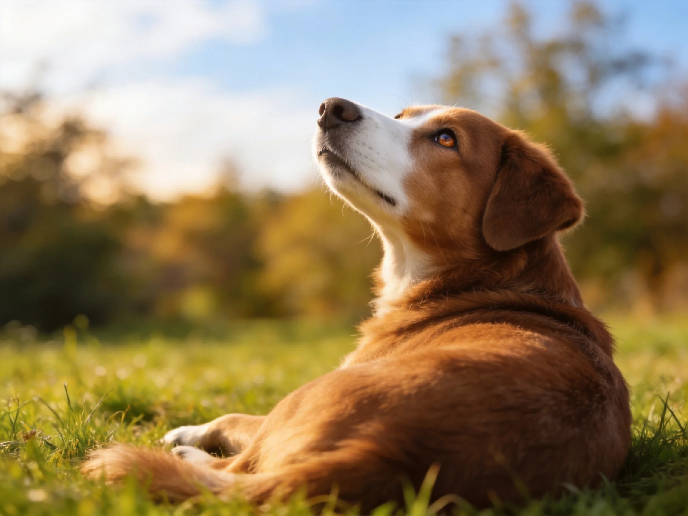 A brown and white dog lies on green grass, gazing upward in a sunlit outdoor setting.