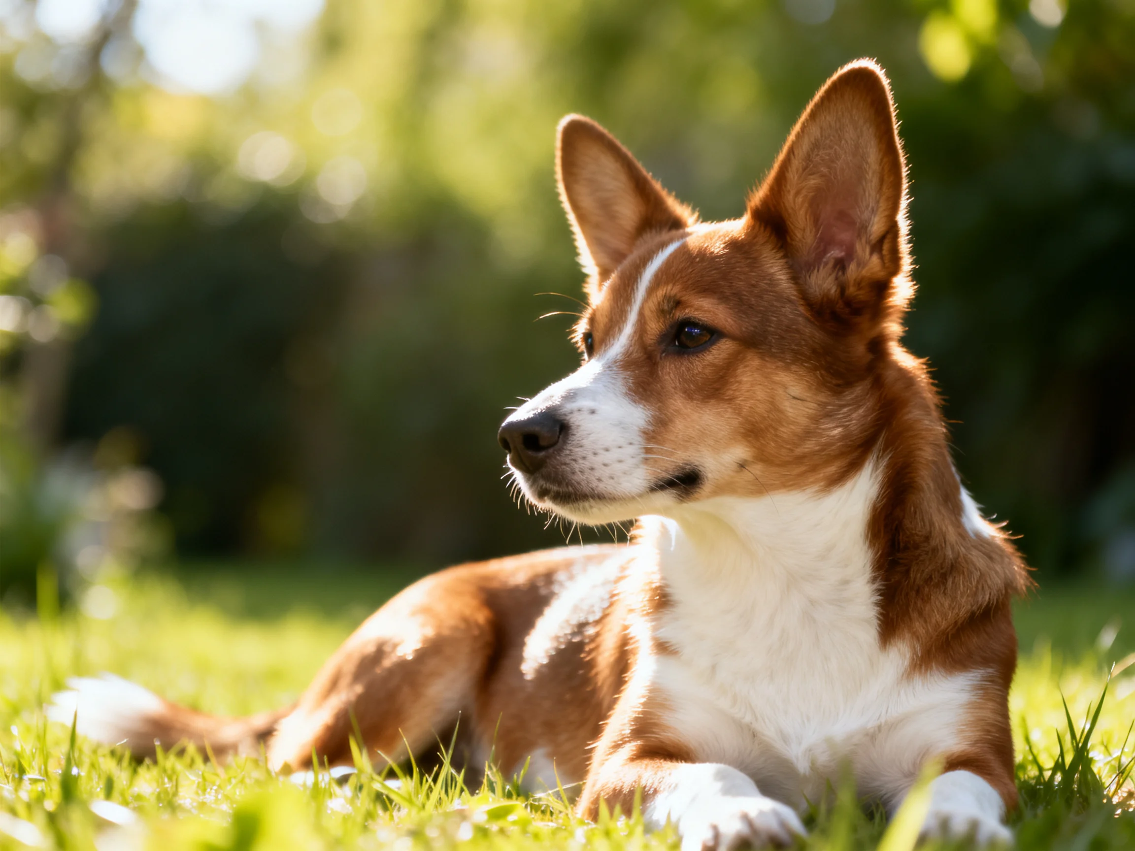 A brown and white dog relaxes on sunlit grass in a garden.