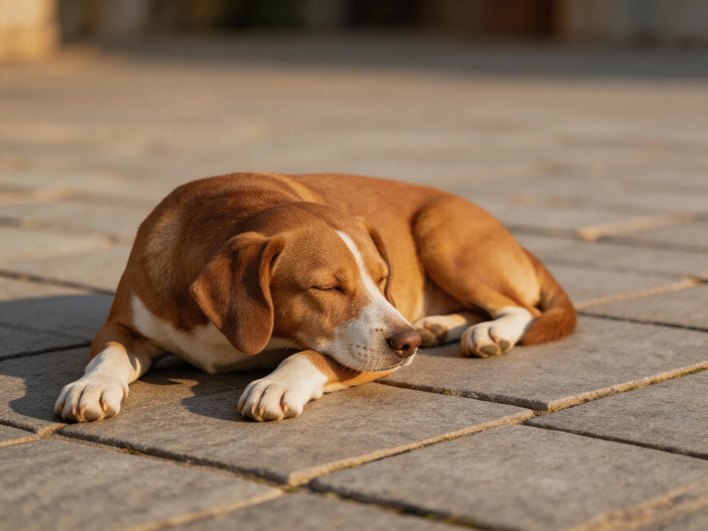 A brown and white dog rests on textured stone pavement