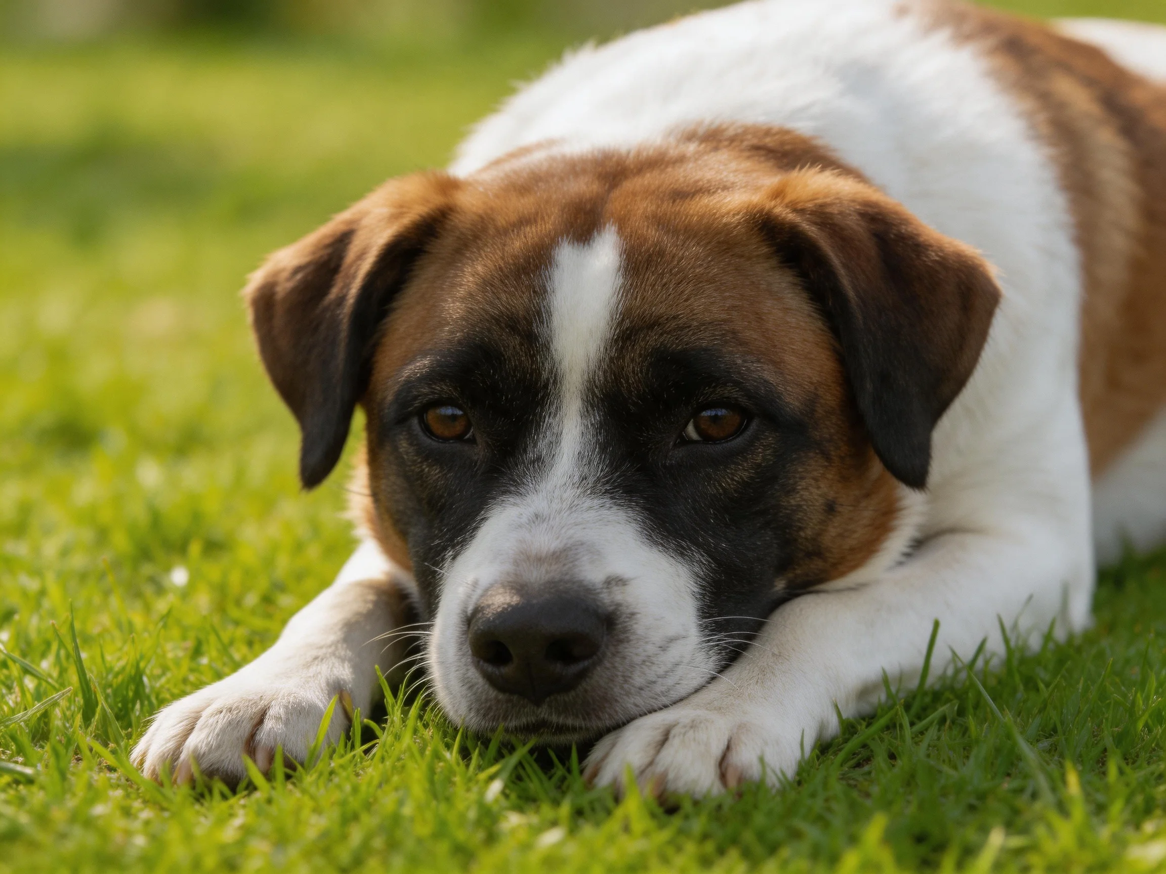 A brown and white dog rests on lush green grass.