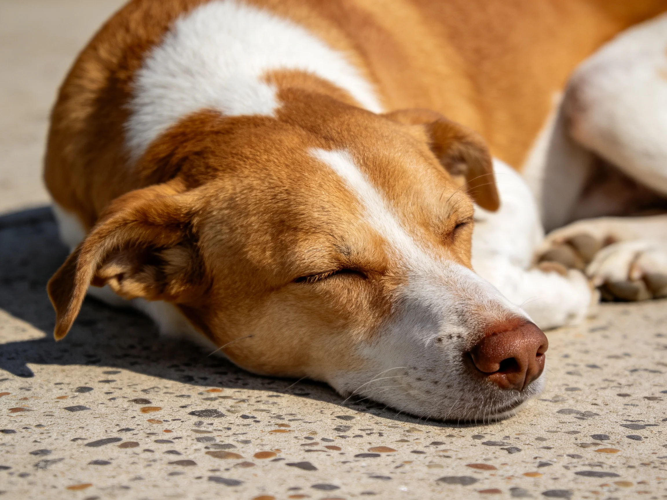 A brown and white dog sleeps peacefully on a speckled pavement.