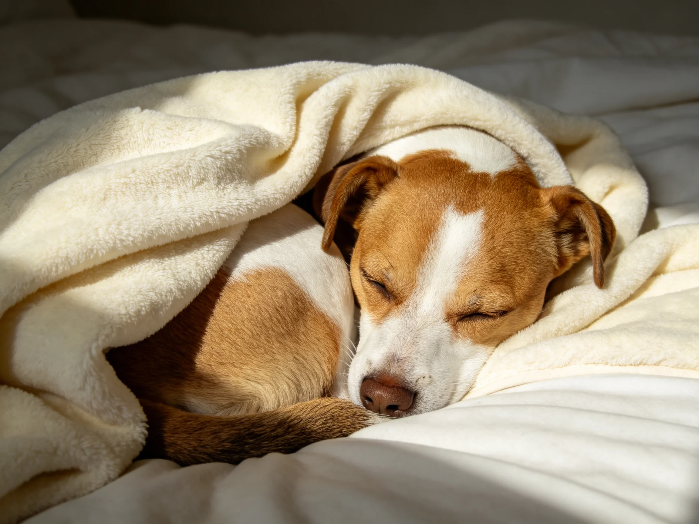 A brown and white dog rests under a plush cream blanket