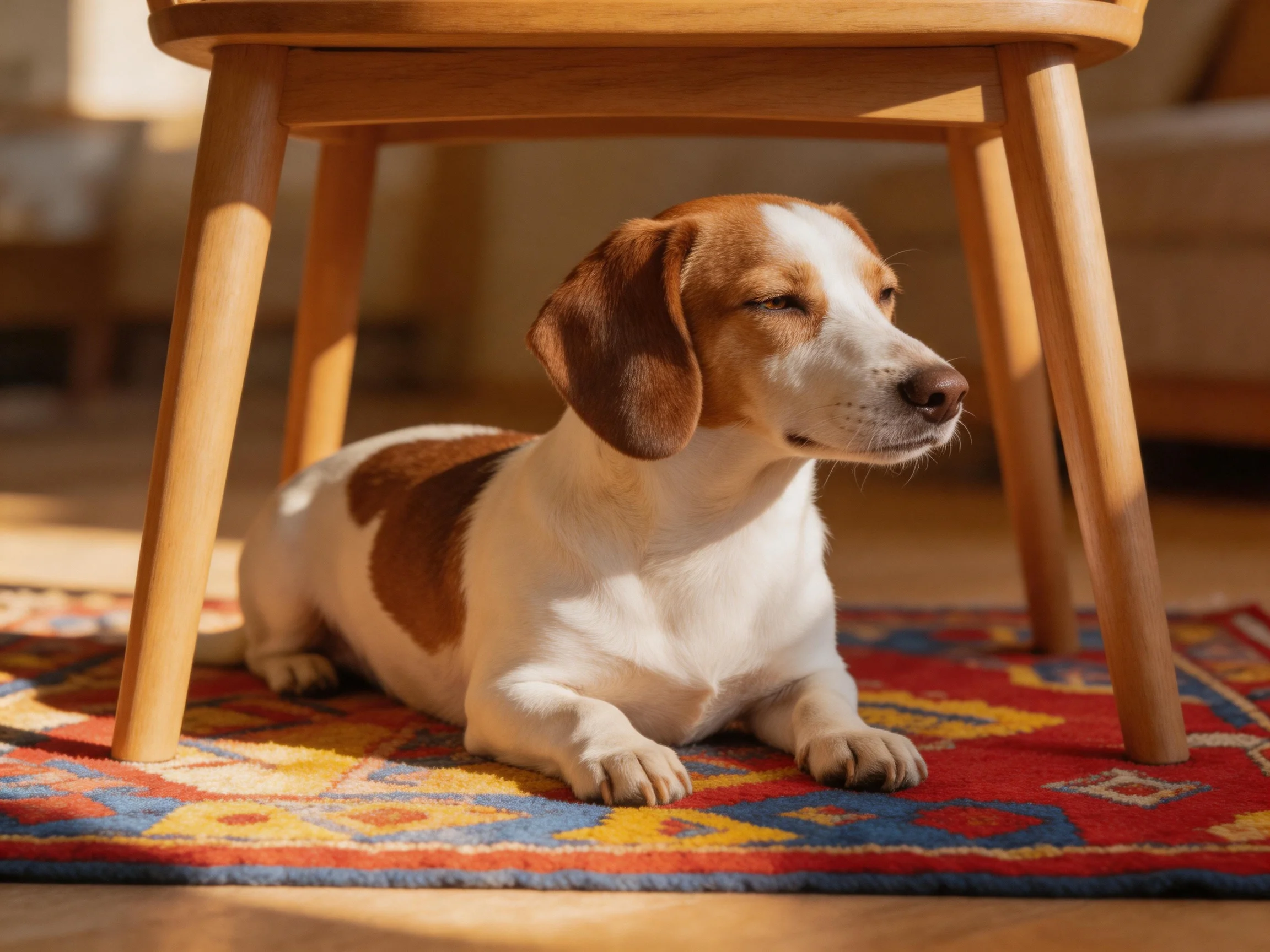 A brown-and-white dog rests under a wooden stool on a colorful rug