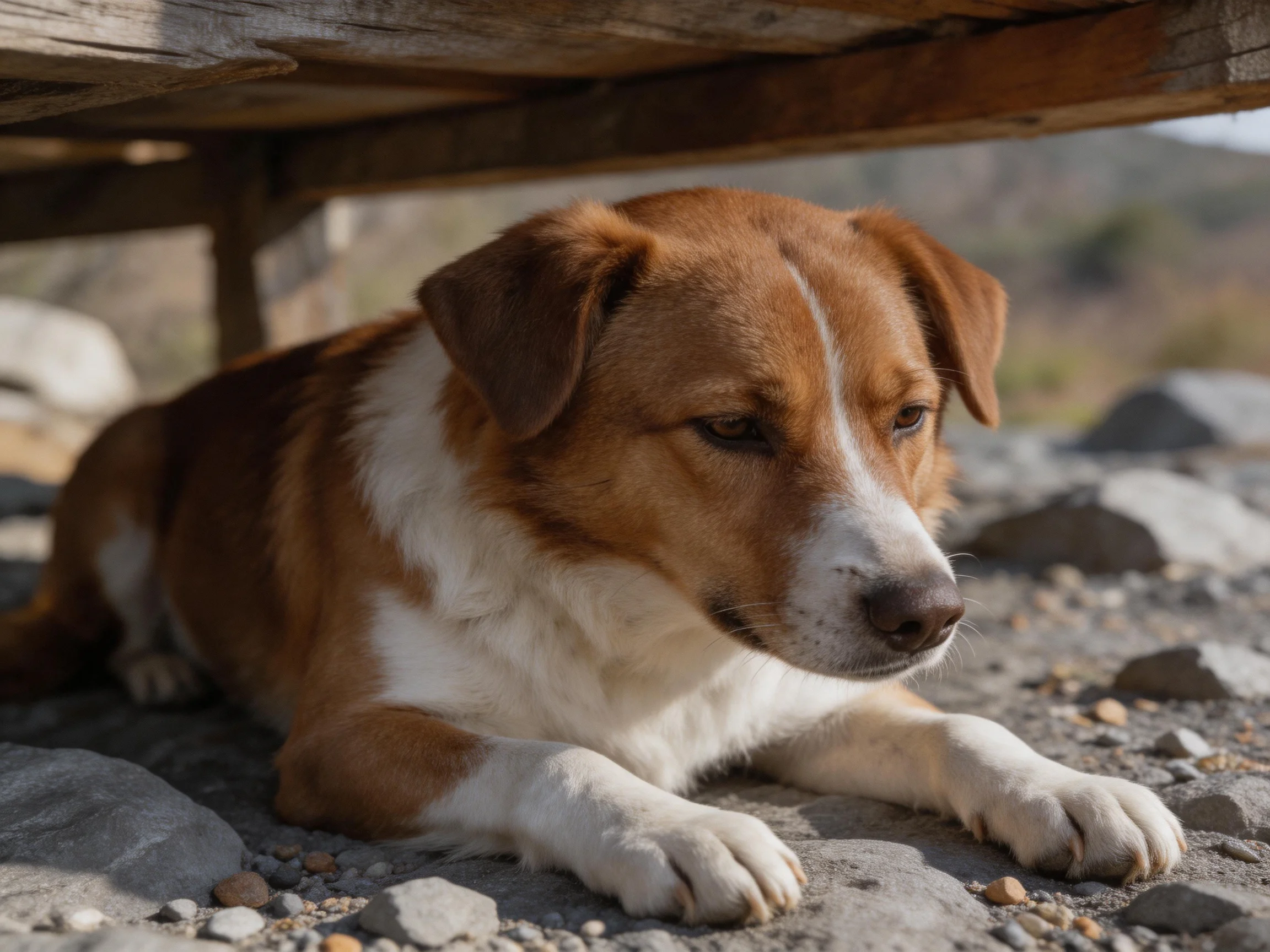 A brown and white dog rests under a wooden structure outdoors