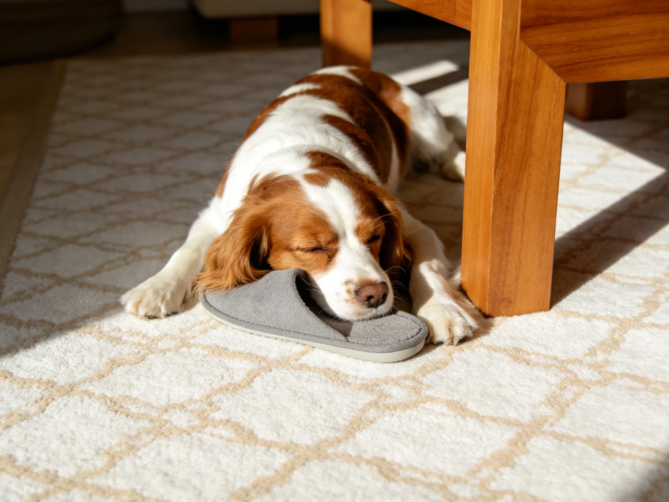 A brown and white dog sleeps with a gray slipper near a wooden table
