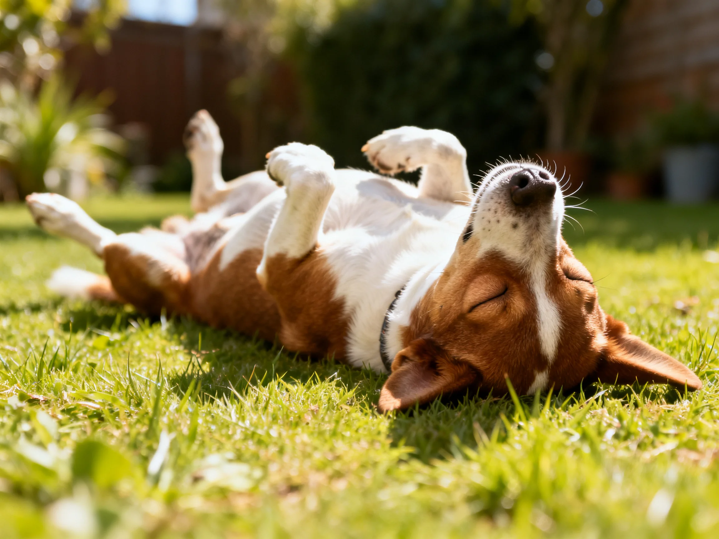 A brown and white dog rolls joyfully on sunlit green grass
