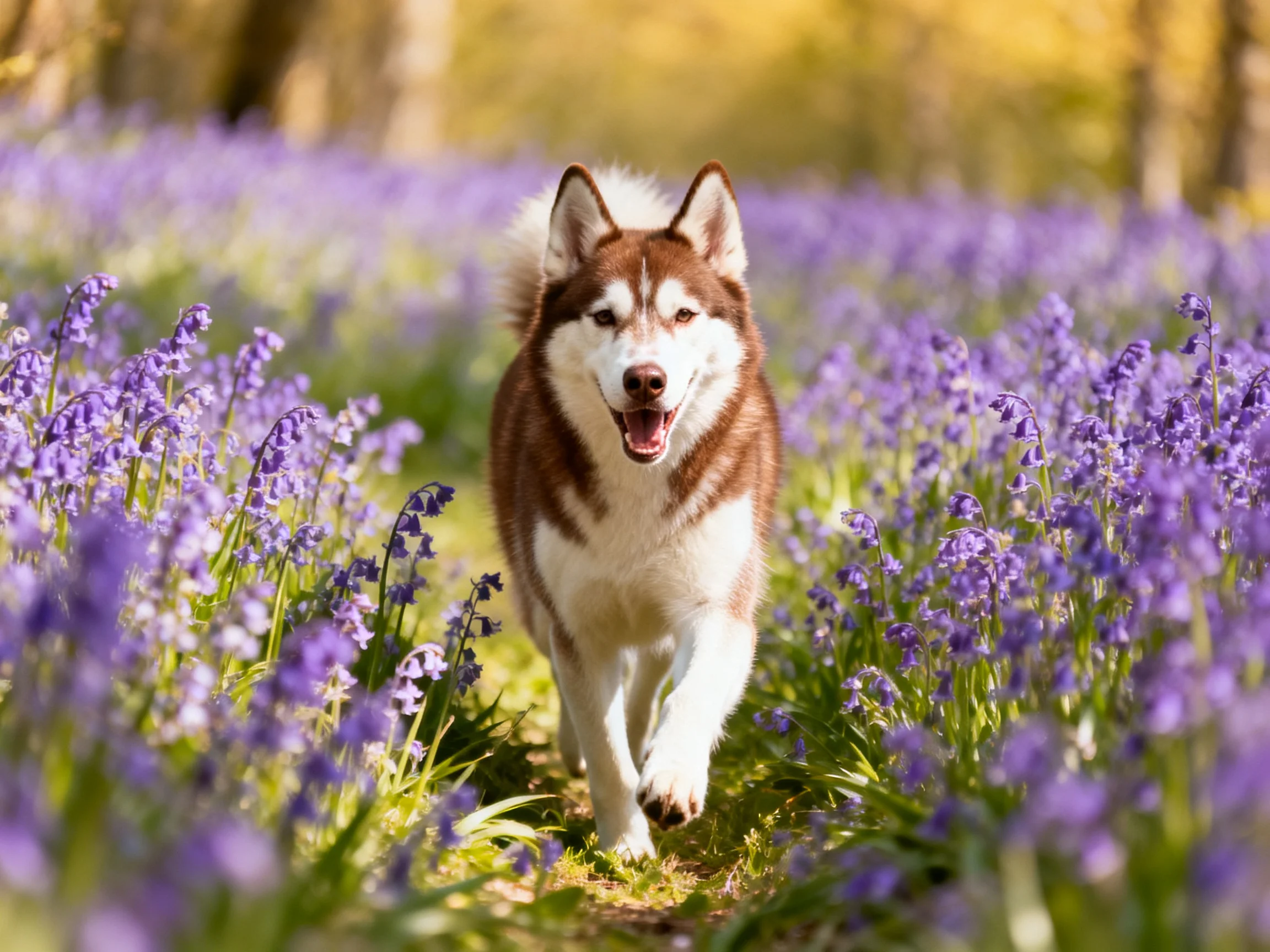 A dog runs joyfully through a field of purple flowers.