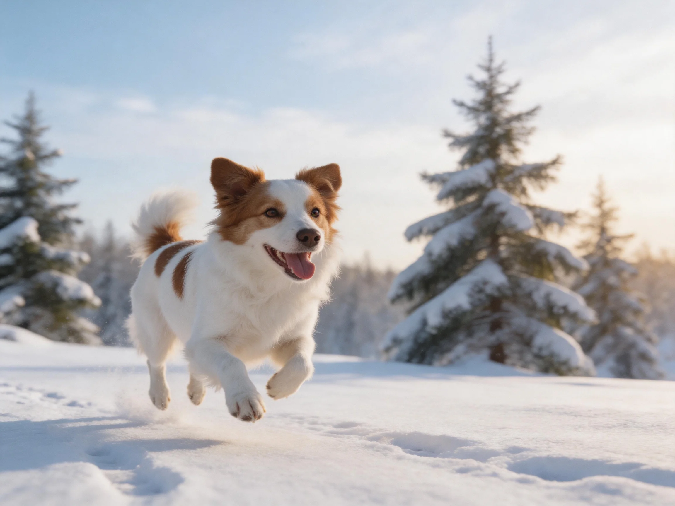 A brown-and-white dog running through a snow-covered forest