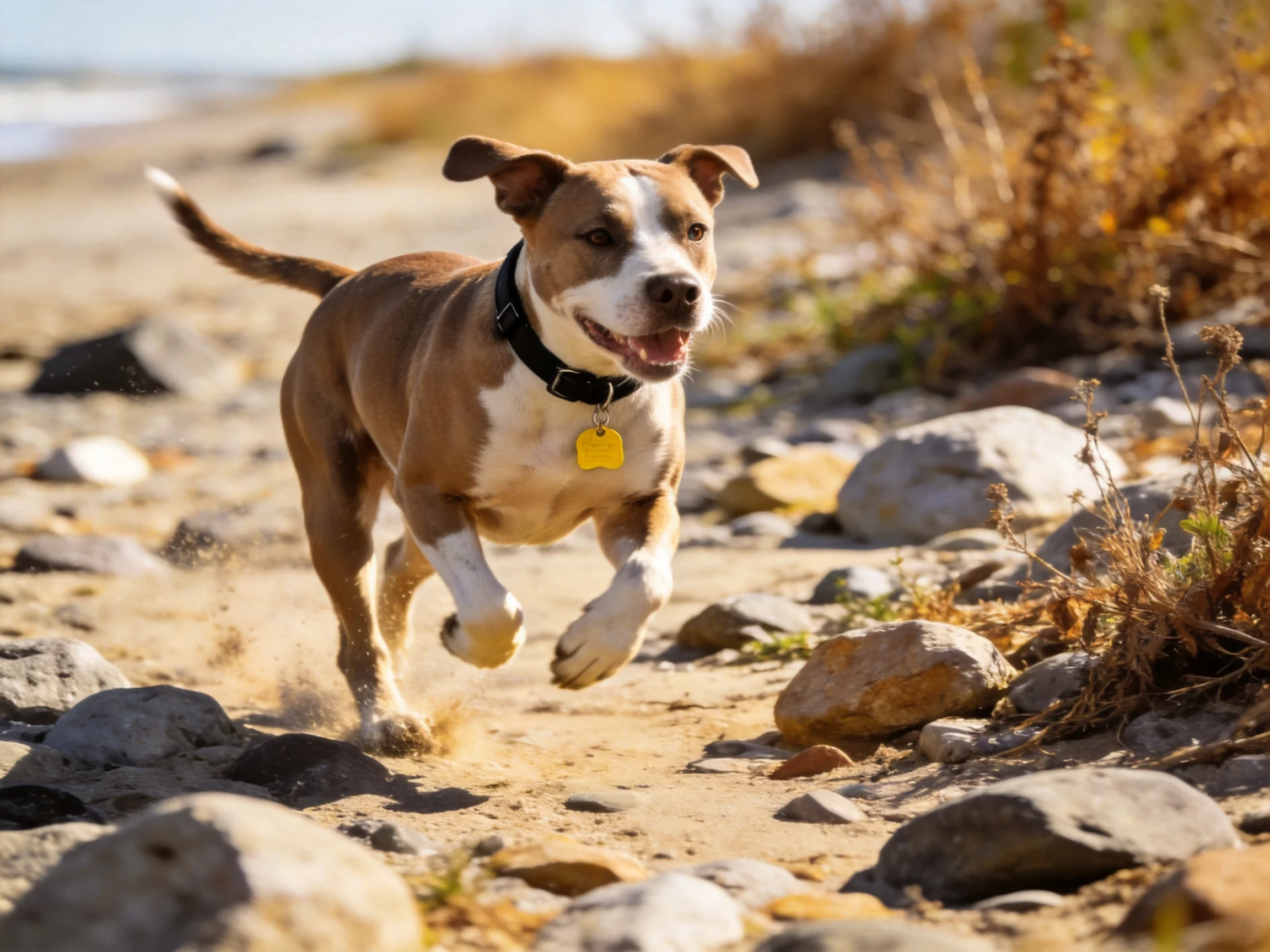 A brown and white dog runs joyfully on a rocky sandy trail.