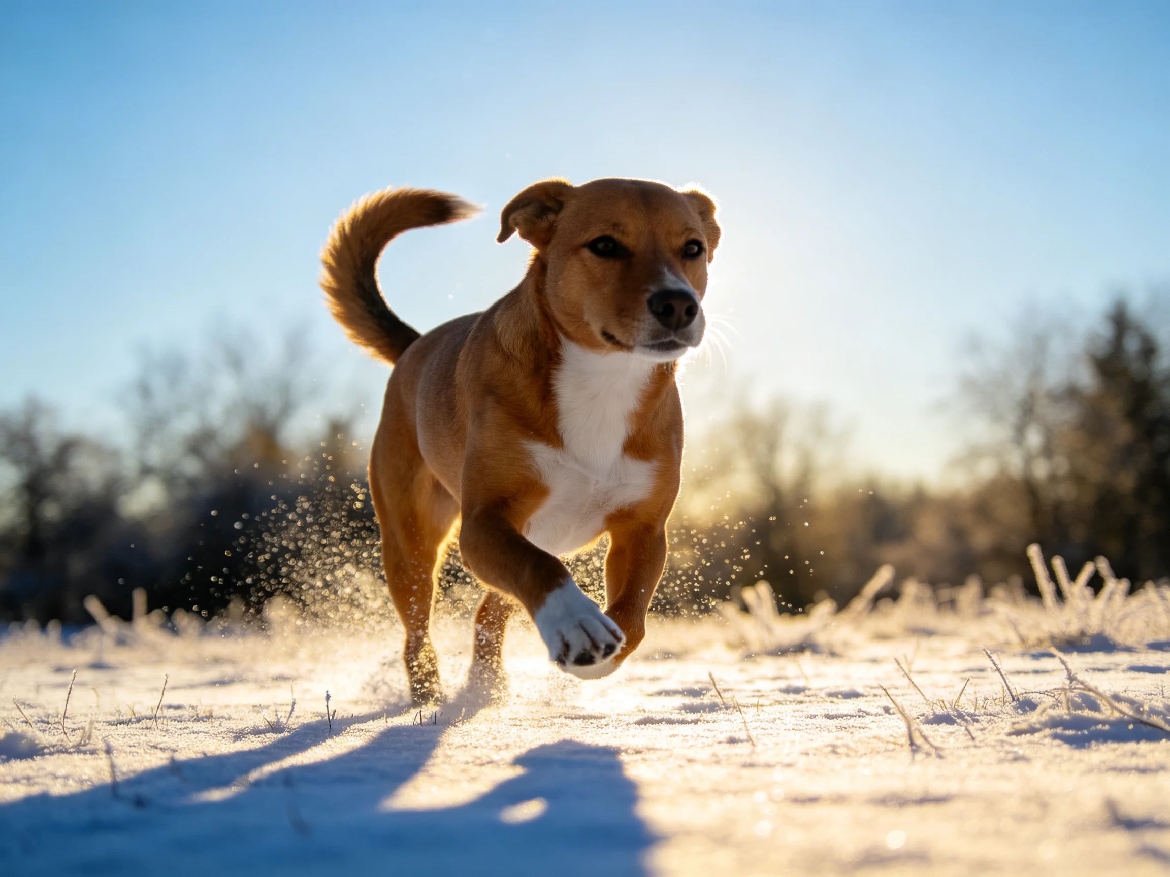 A brown and white dog runs joyfully through a snowy field
