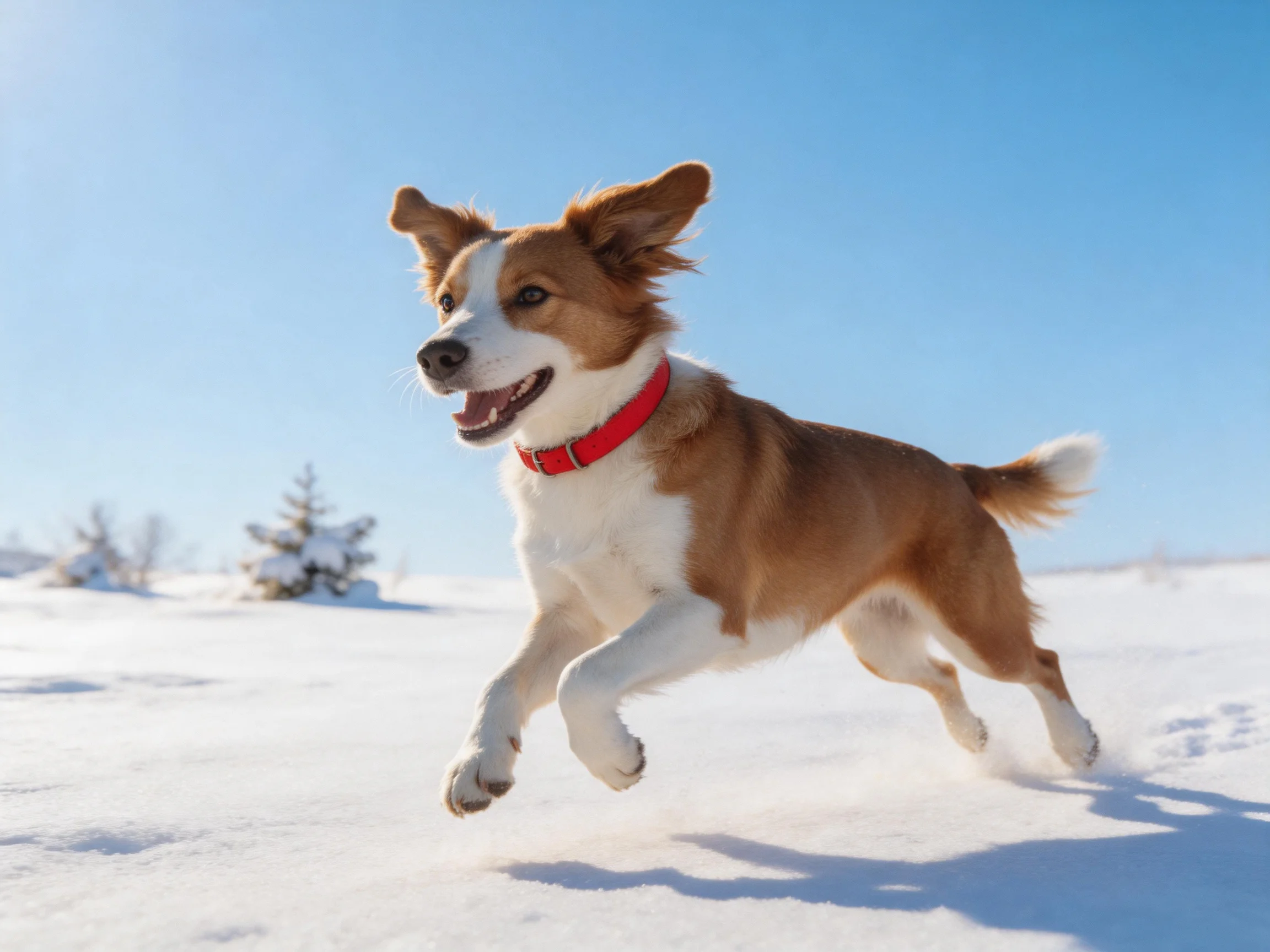 A brown and white dog runs joyfully through a snowy landscape