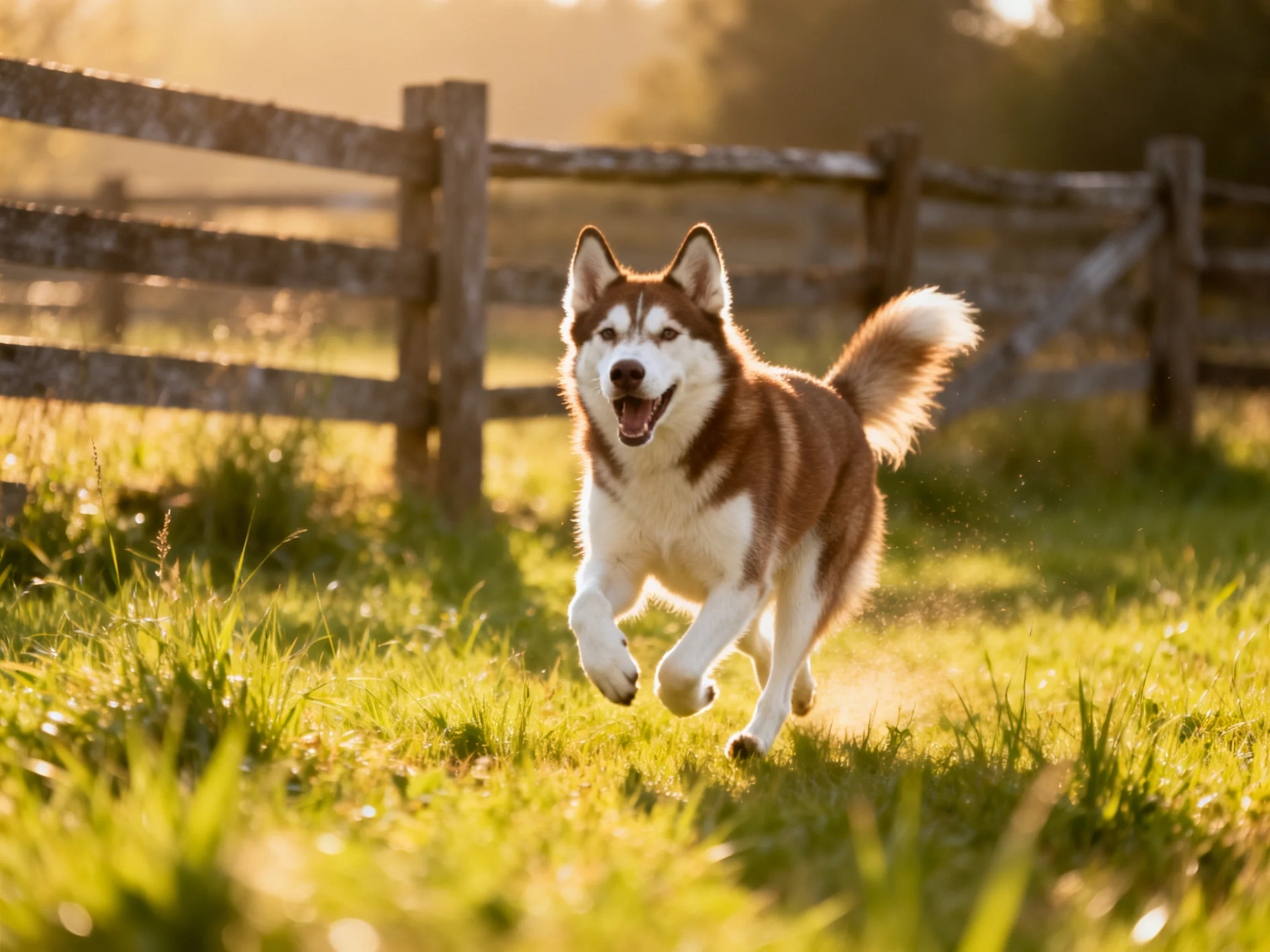 A brown and white dog runs through a sunlit grassy field near a wooden fence
