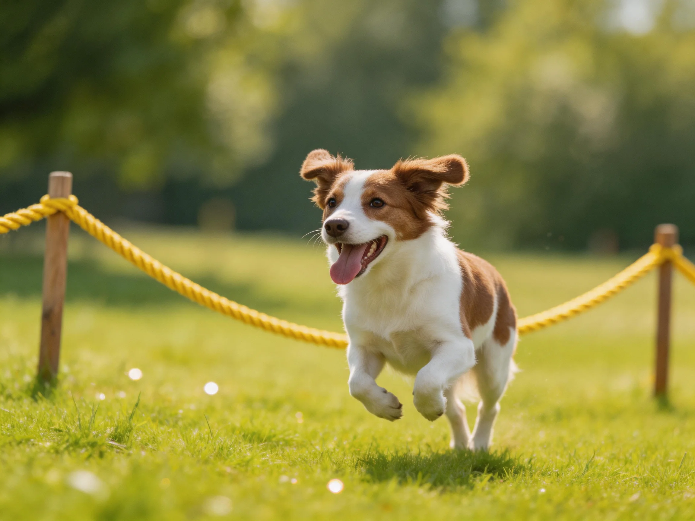 A brown-and-white dog joyfully runs near yellow ropes in a sunlit field.
