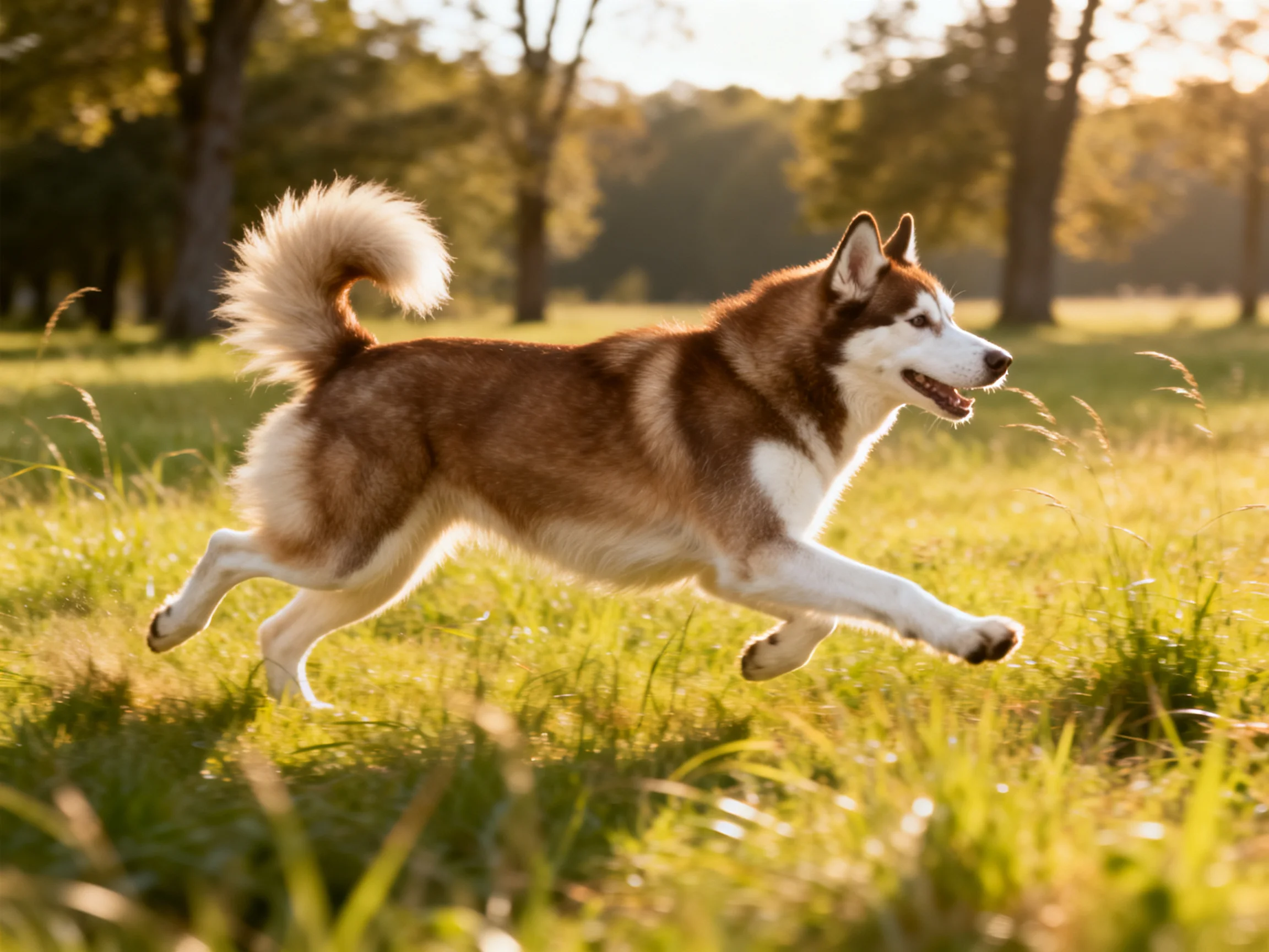 A brown and white dog runs energetically in a sunlit grassy area.