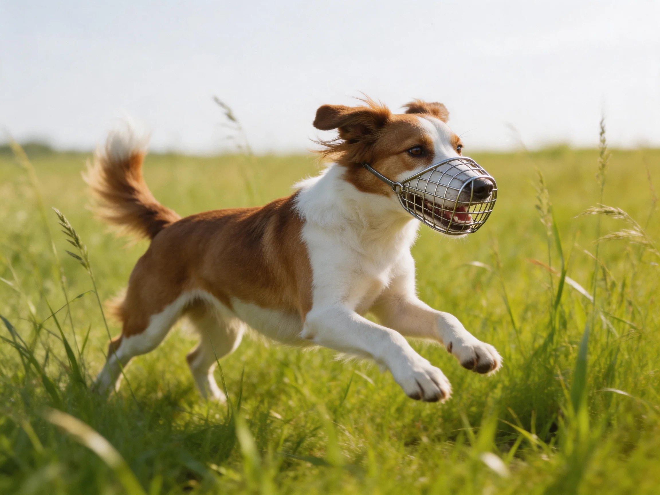 A brown and white dog wearing a metal muzzle runs energetically through tall green grass.