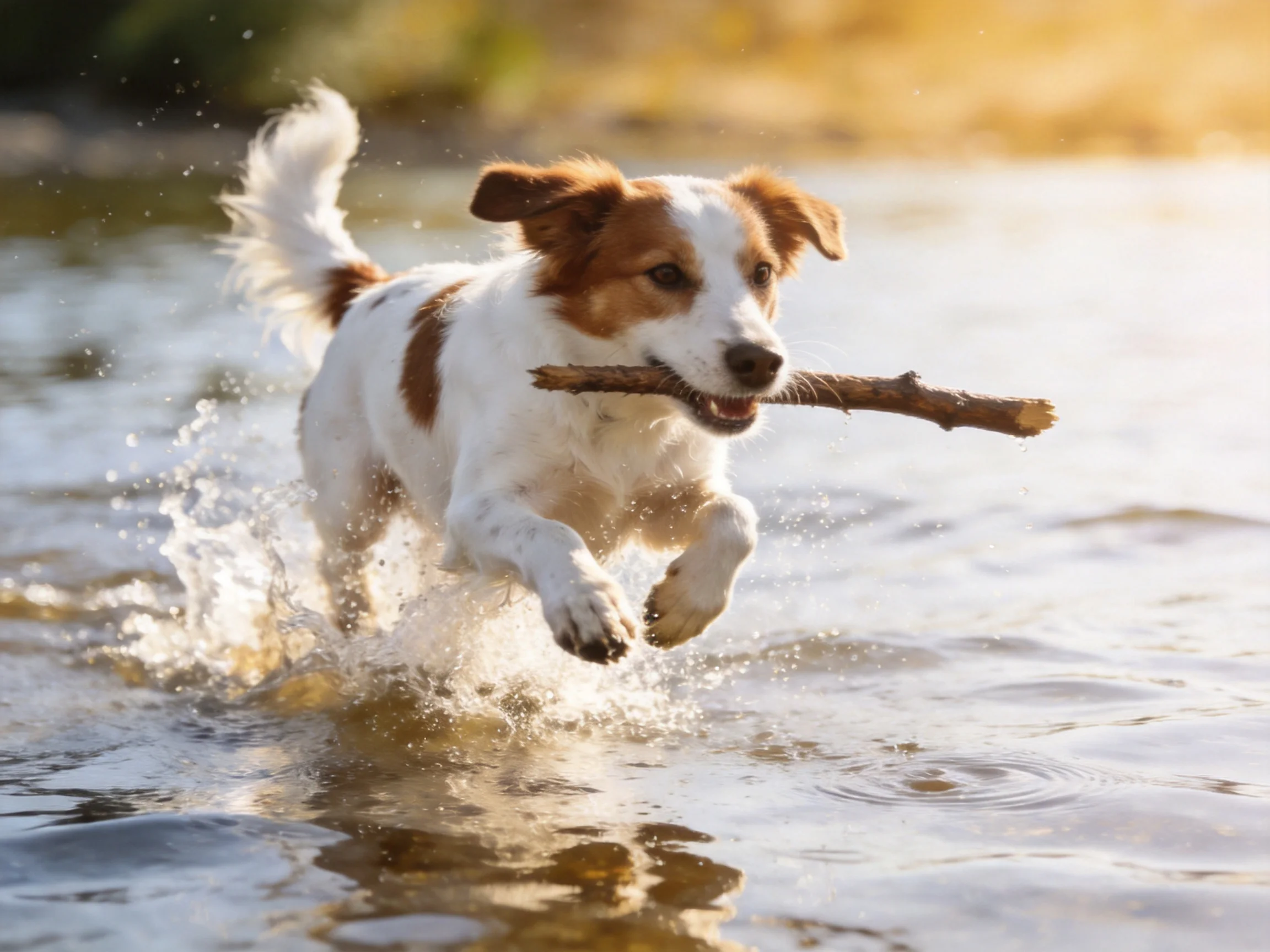 Abrown-and-white dog carries a stick while running through shallow water.