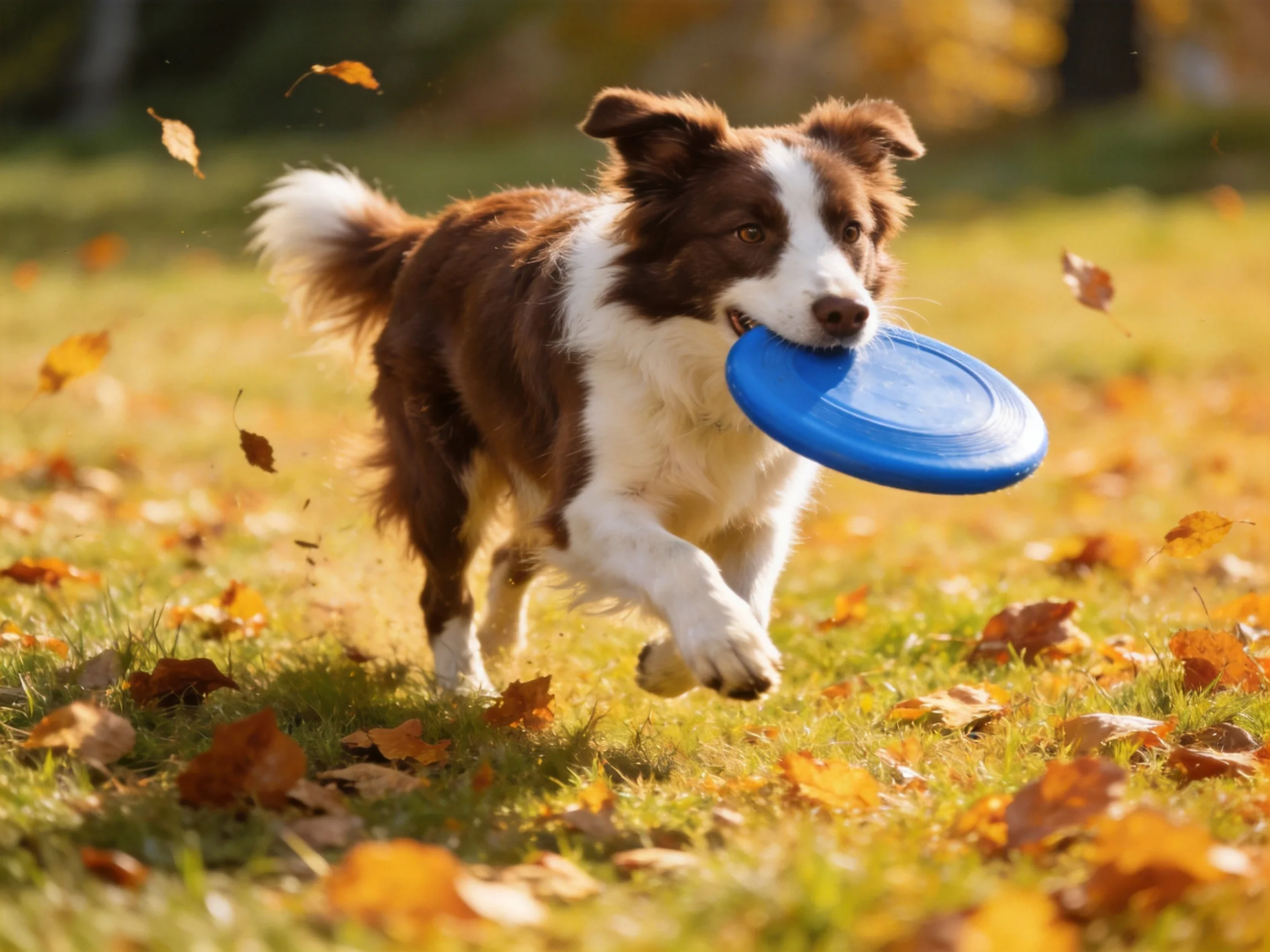 A brown and white dog runs with a blue frisbee amid fallen autumn leaves