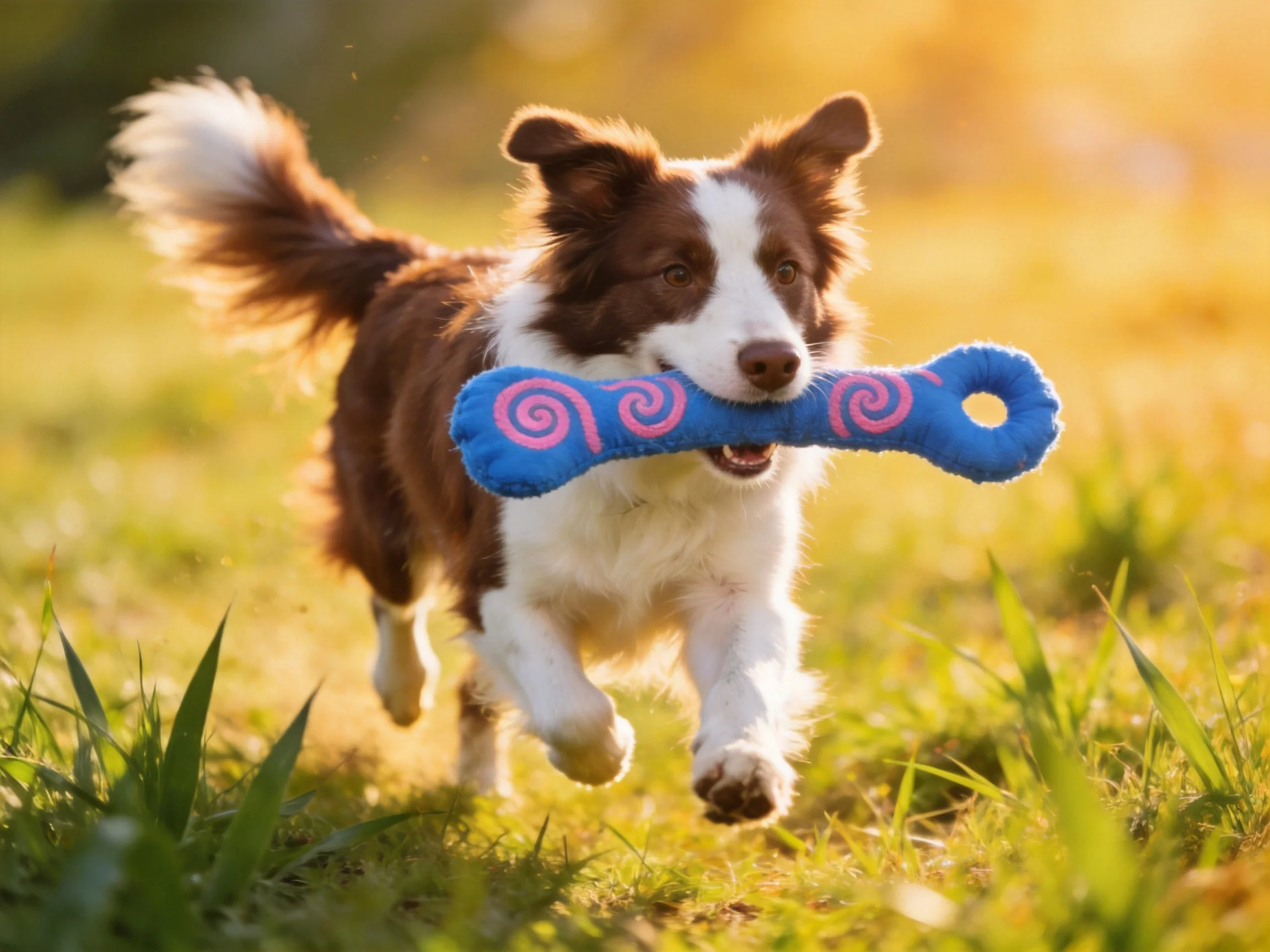 A brown-and-white dog carries a blue toy in a sunlit field