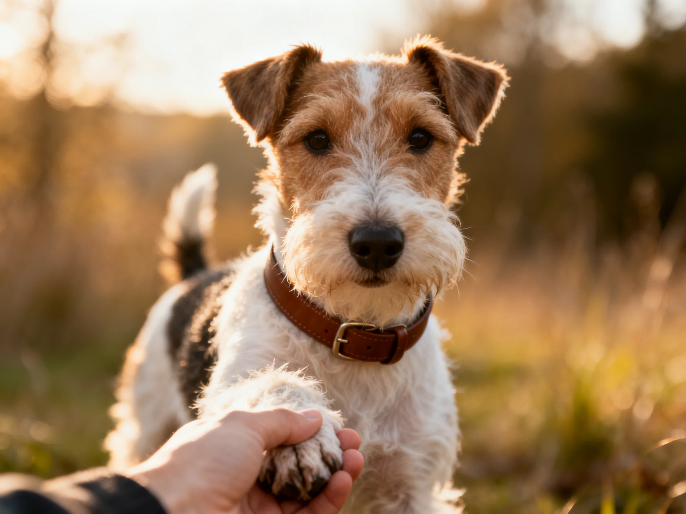 A brown and white dog shakes paws with a human hand outdoors