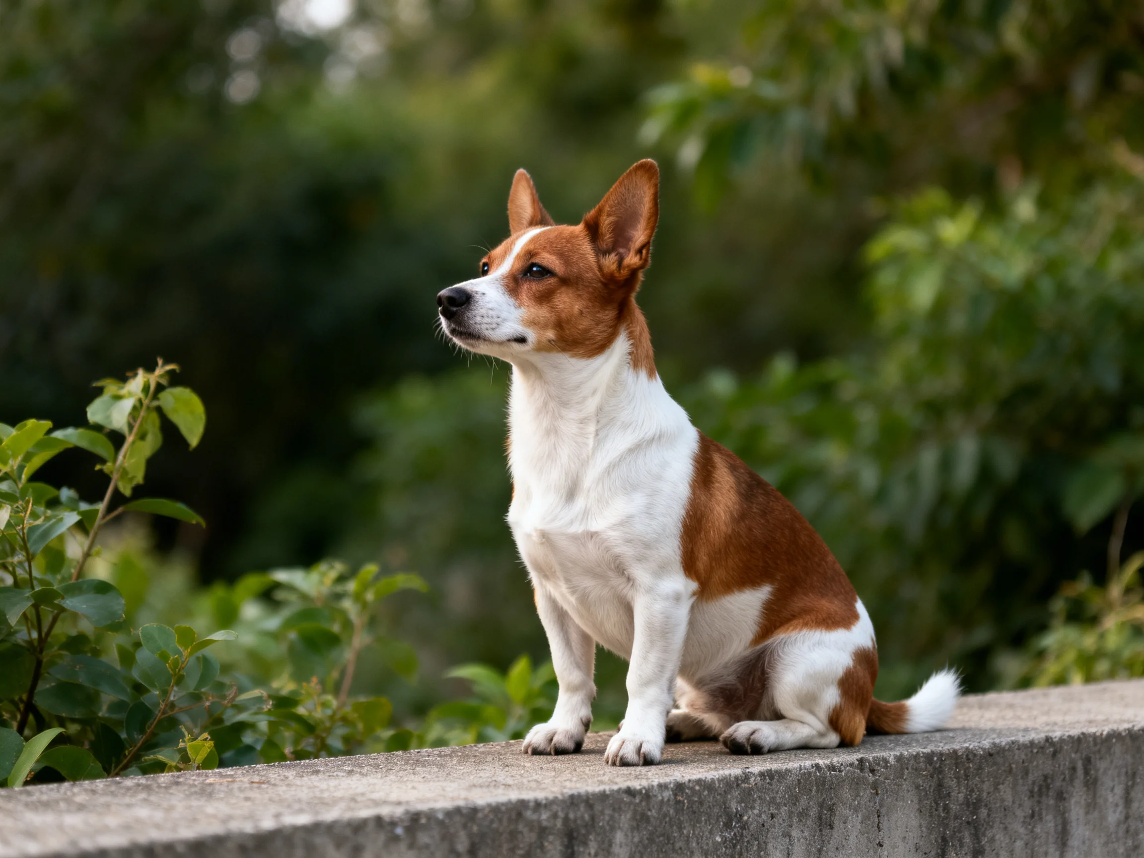 A brown and white dog sits alertly on a concrete ledge amid green foliage