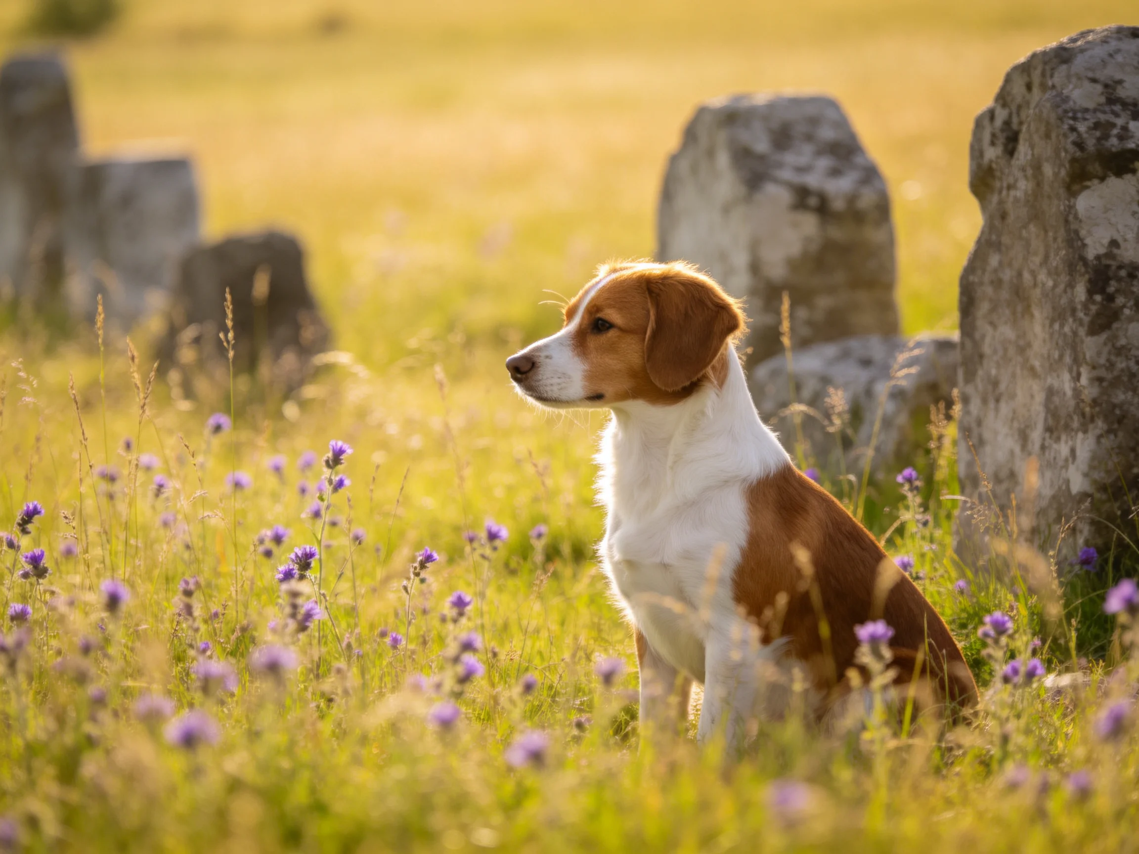 A brown-and-white dog rests peacefully in a sun-drenched meadow dotted with purple flowers and old stone monuments.