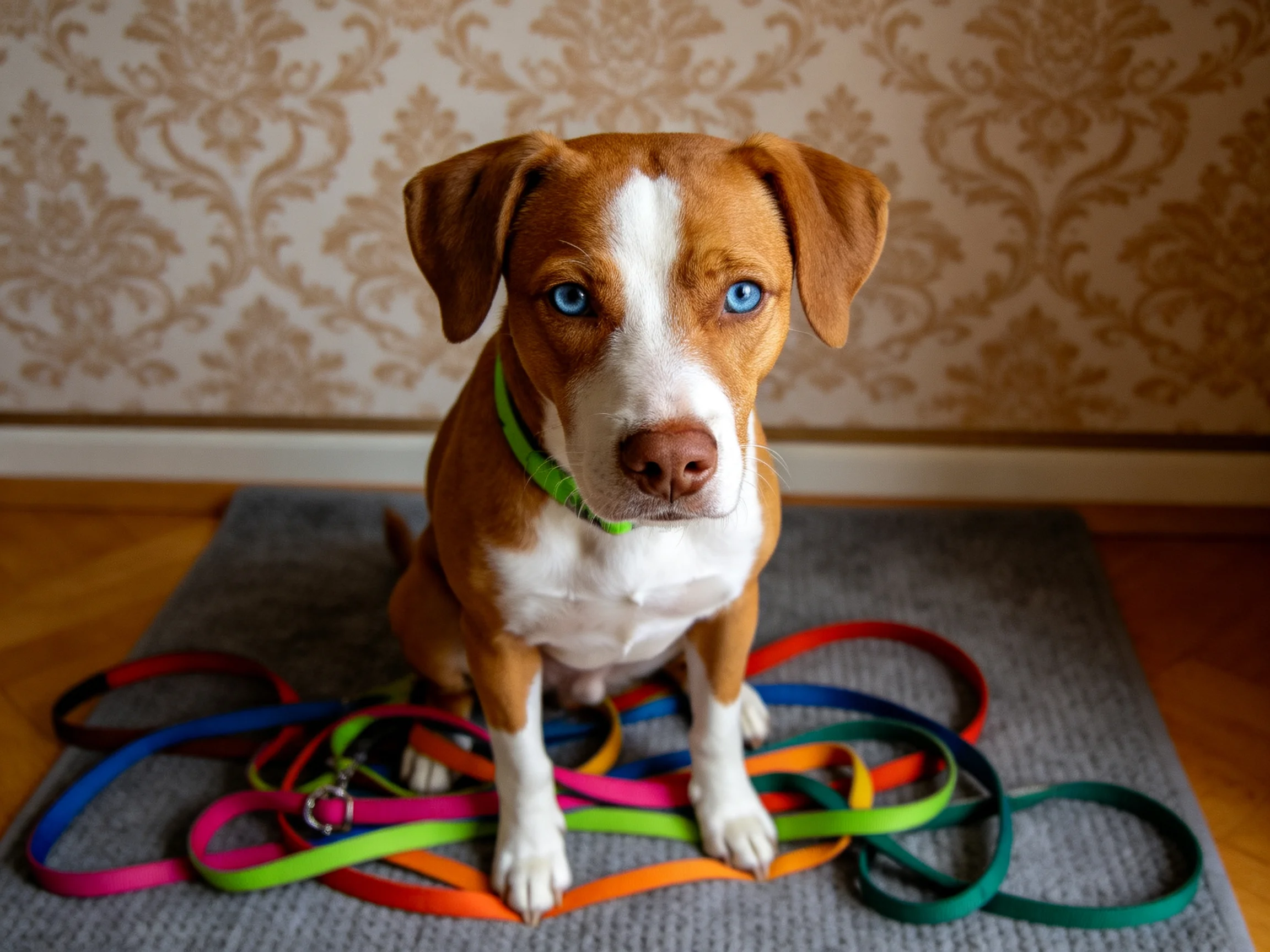 A brown and white dog sits amid colorful leashes on a gray mat.