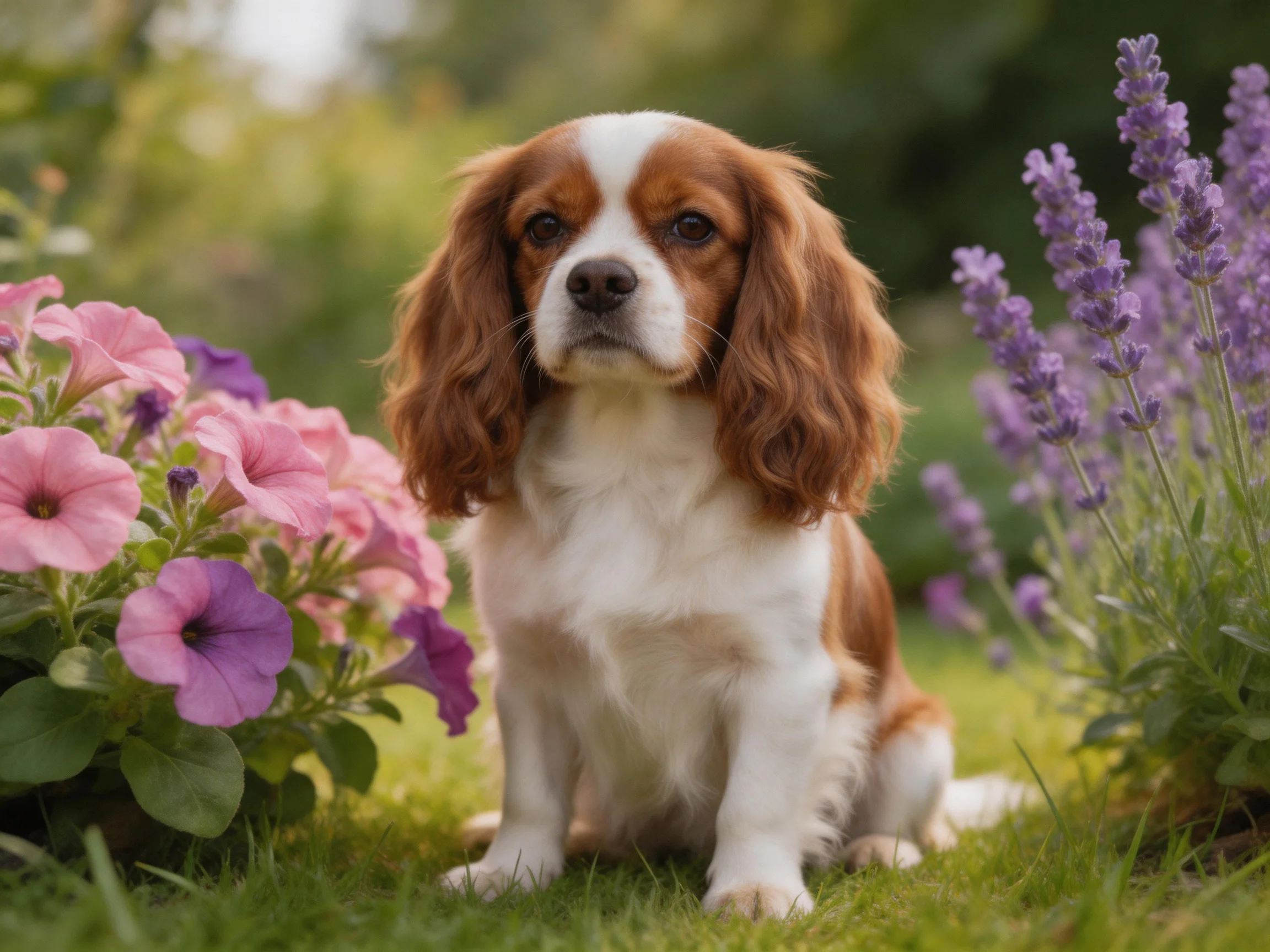 A brown-and-white dog sits calmly among colorful flowers in a sunlit garden.