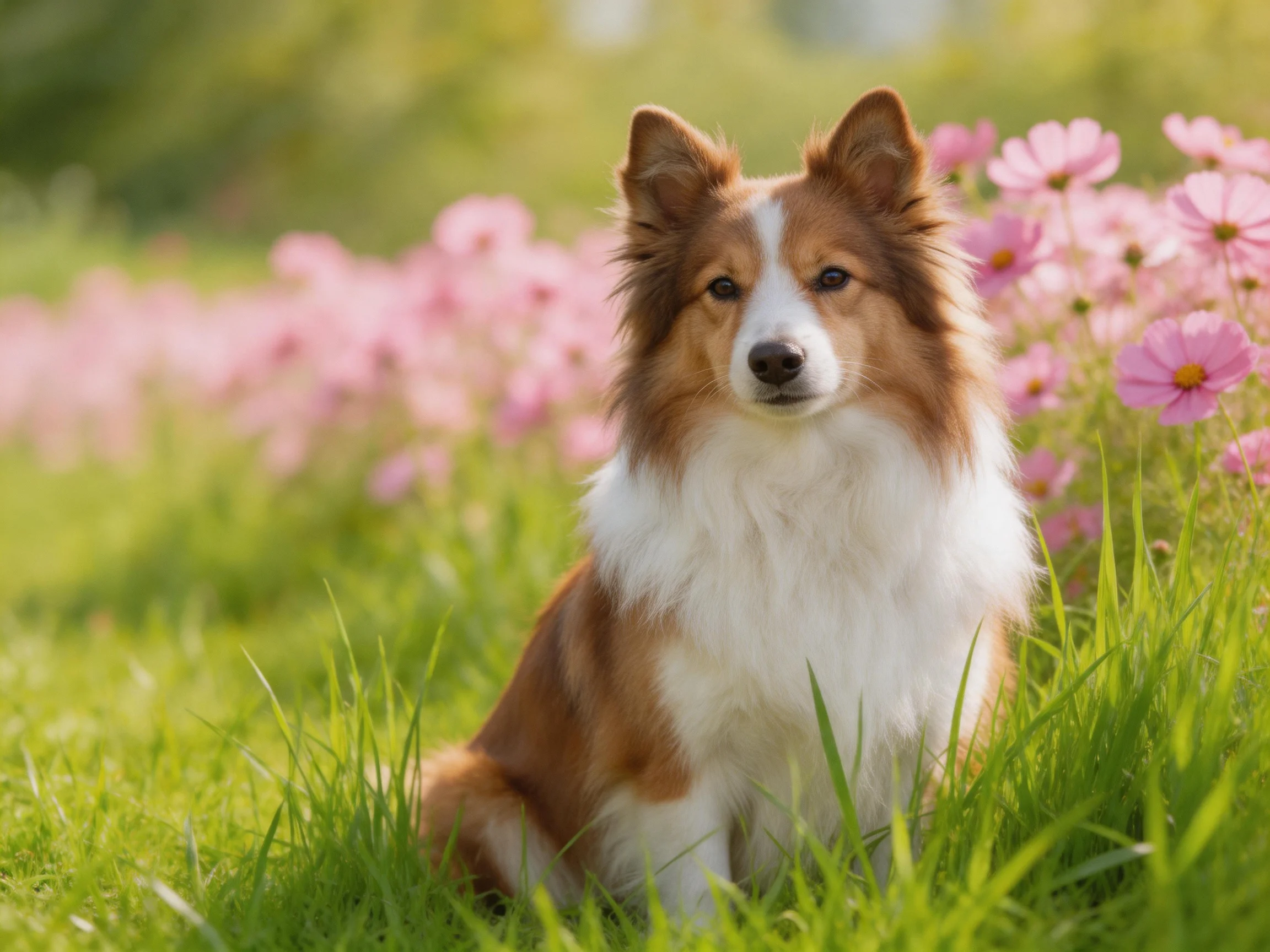 A brown and white dog sits calmly amid pink flowers and green grass outdoors.