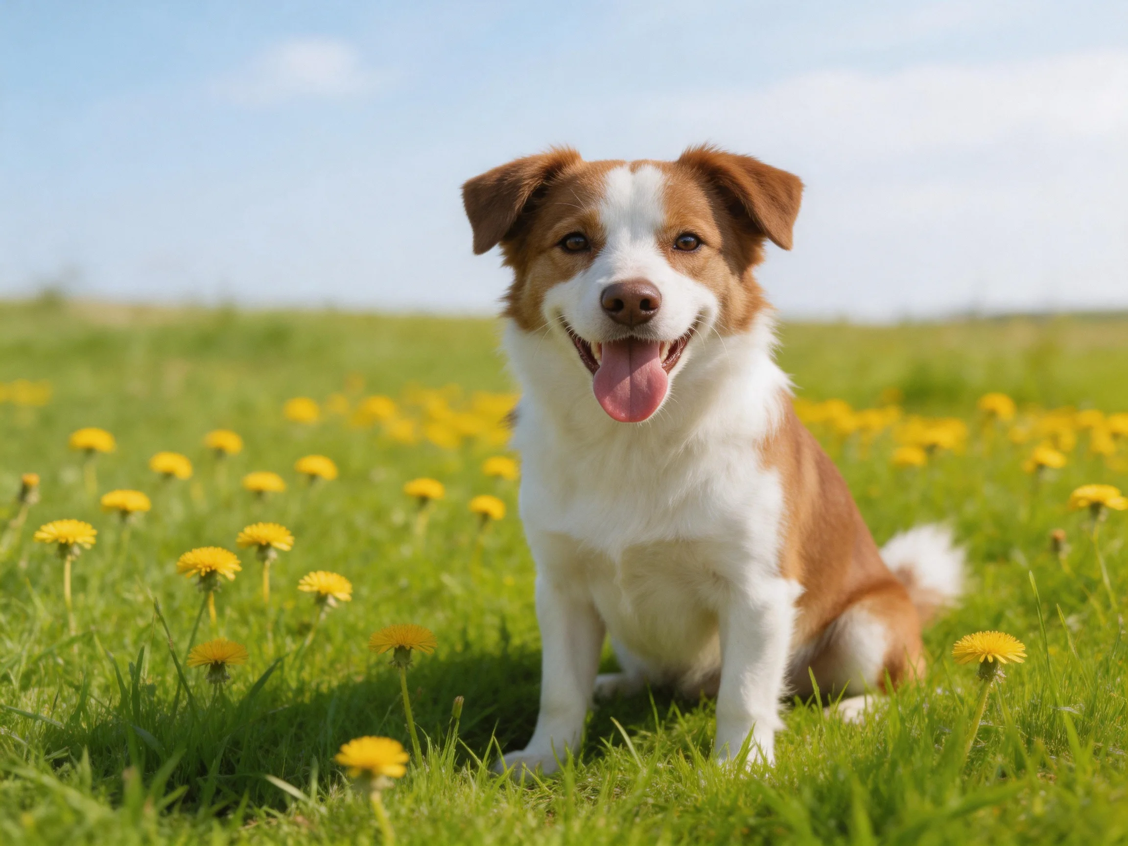 A brown-and-white dog enjoys a sunny day surrounded by yellow dandelions in a green meadow.