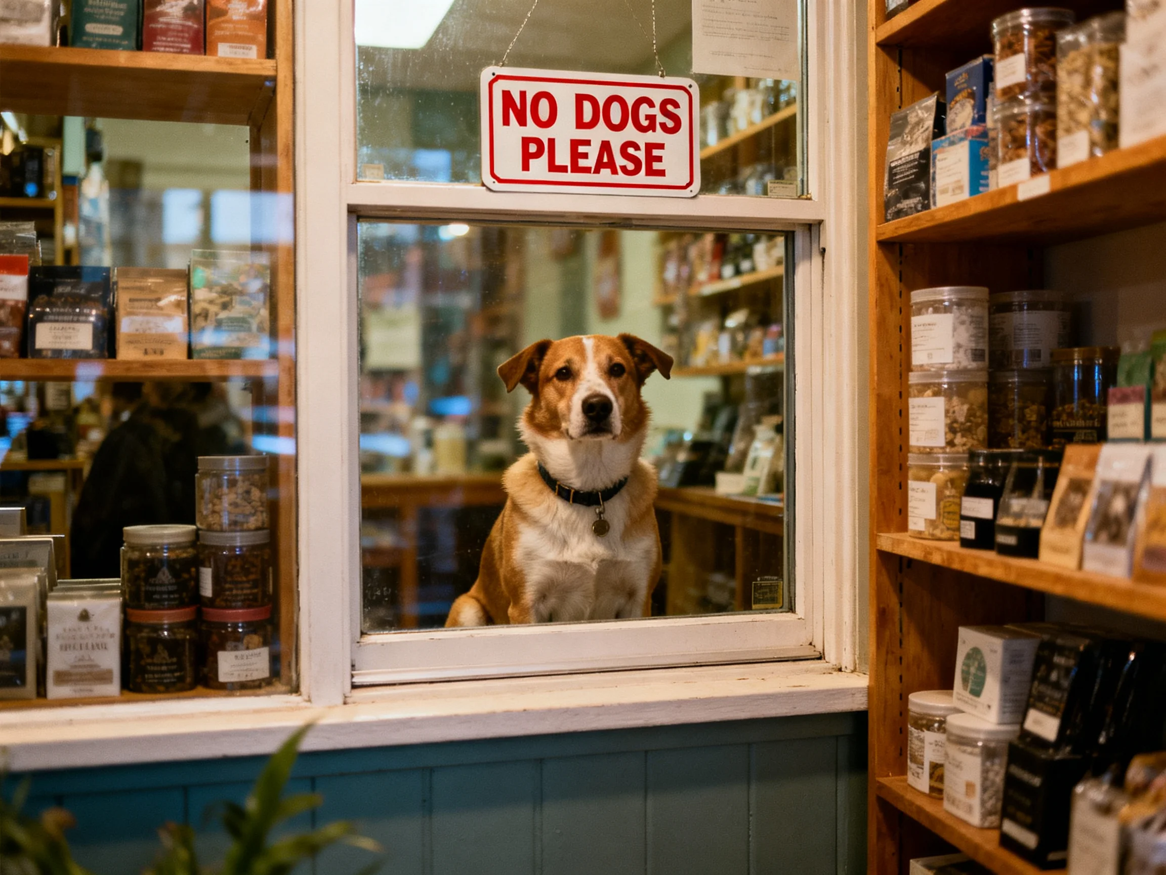 A dog sits behind a shop window beneath a No Dogs Please sign.