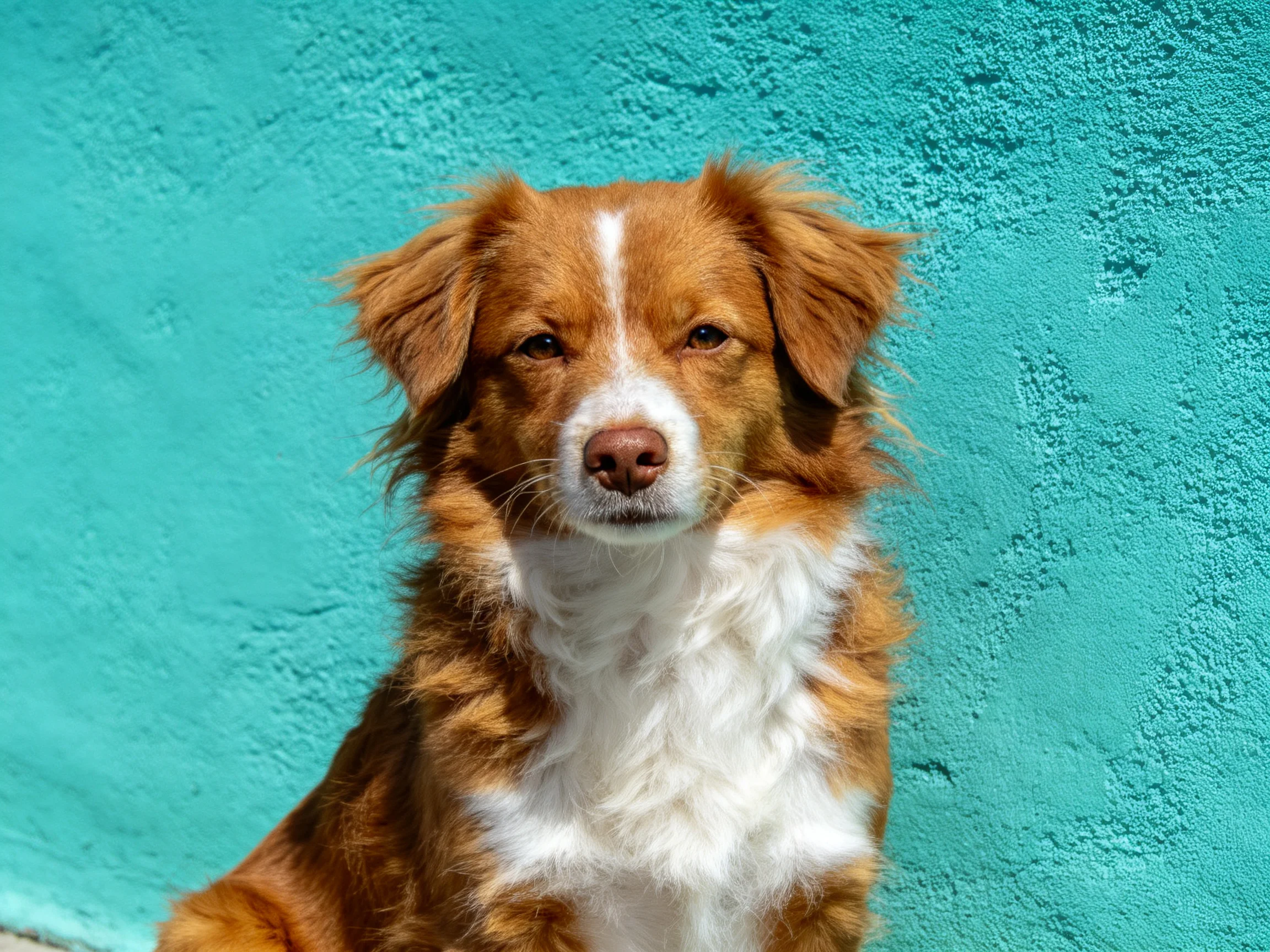 A brown and white dog sits beside a textured turquoise wall
